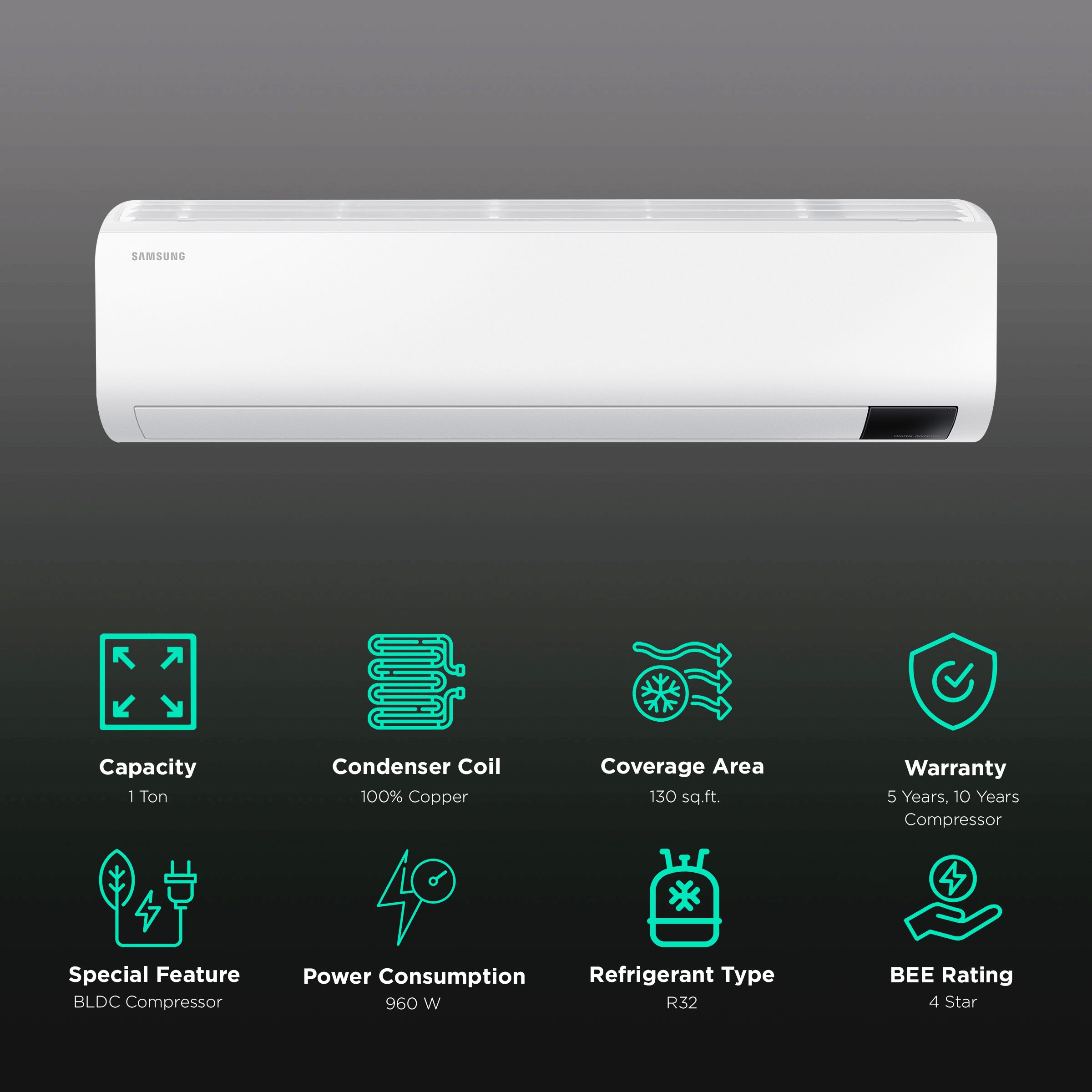 SAMSUNG 5 in 1 Convertible 1 Ton 4 Star Inverter Split AC with HD Filter (Copper Condenser, AR12BY4ZAWKNNA)_2