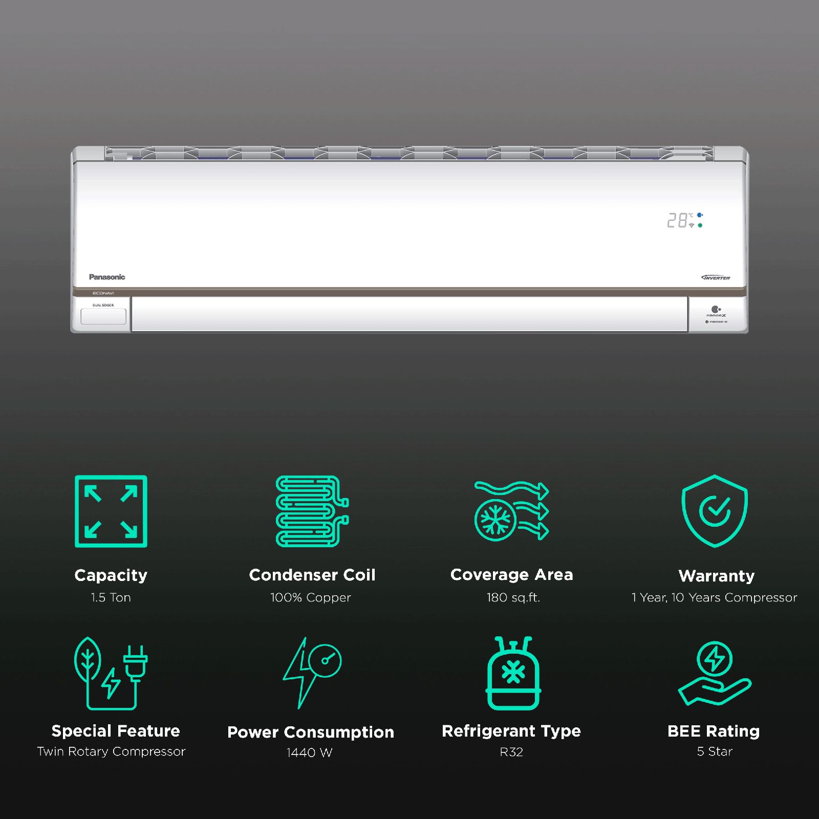 Panasonic 1.5 Ton 5 Star Twin Cool Inverter Split Smart AC with Voice Assistant (Copper Condenser, HU18YKYF) Panasonic 1.5 Ton 5 Star Twin Cool Inverter Split Smart AC with Voice Assistant (Copper Condenser, HU18YKYF)_2
