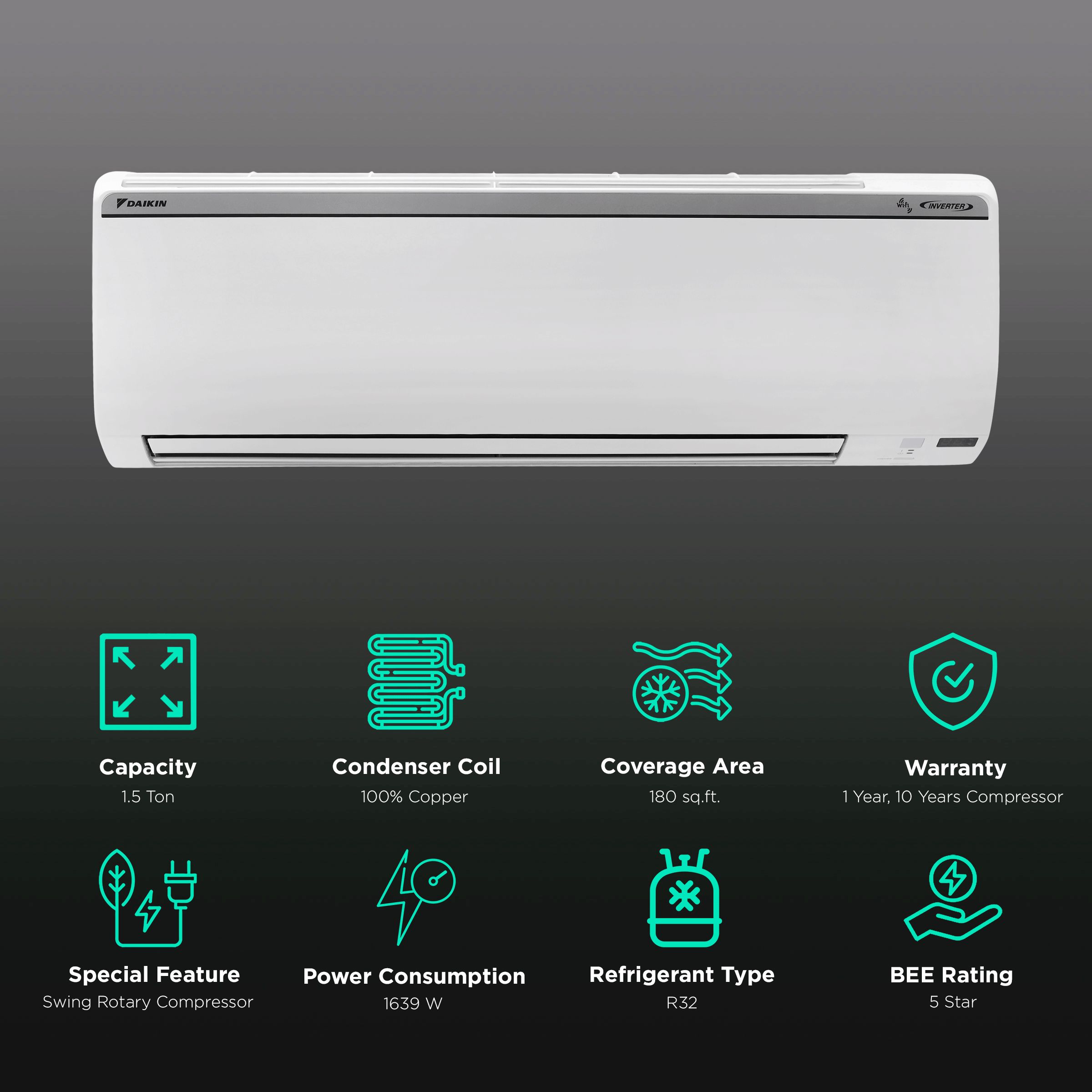 DAIKIN Smart+ Series 1.5 Ton 5 Star Inverter Split Smart AC with Voice Assistant (Copper Condenser, FTKR50UV) DAIKIN Smart+ Series 1.5 Ton 5 Star Inverter Split Smart AC with Voice Assistant (Copper Condenser, FTKR50UV)_2