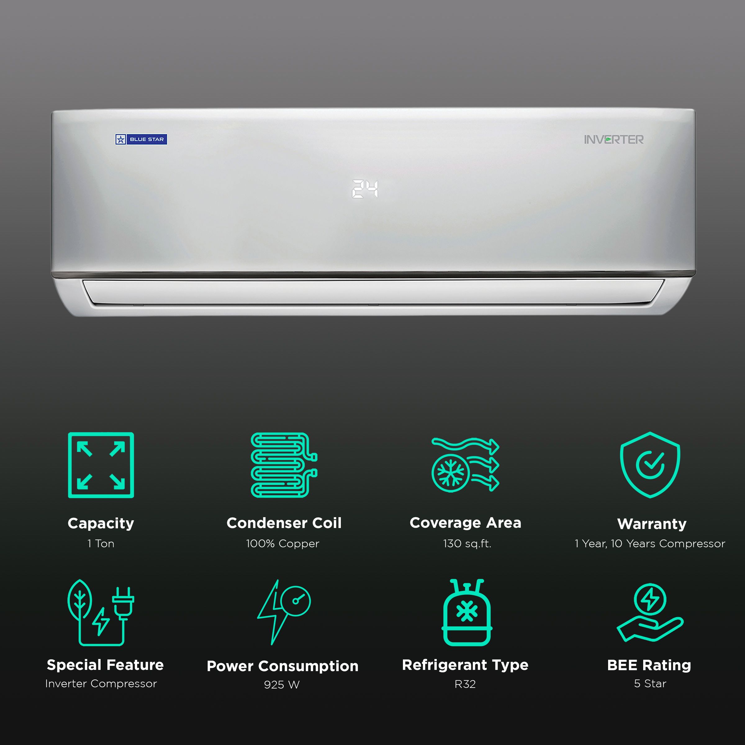 Blue Star 1 Ton 5 Star Inverter Split AC (Copper Condenser, Dust Filter, IA512DLU)_2