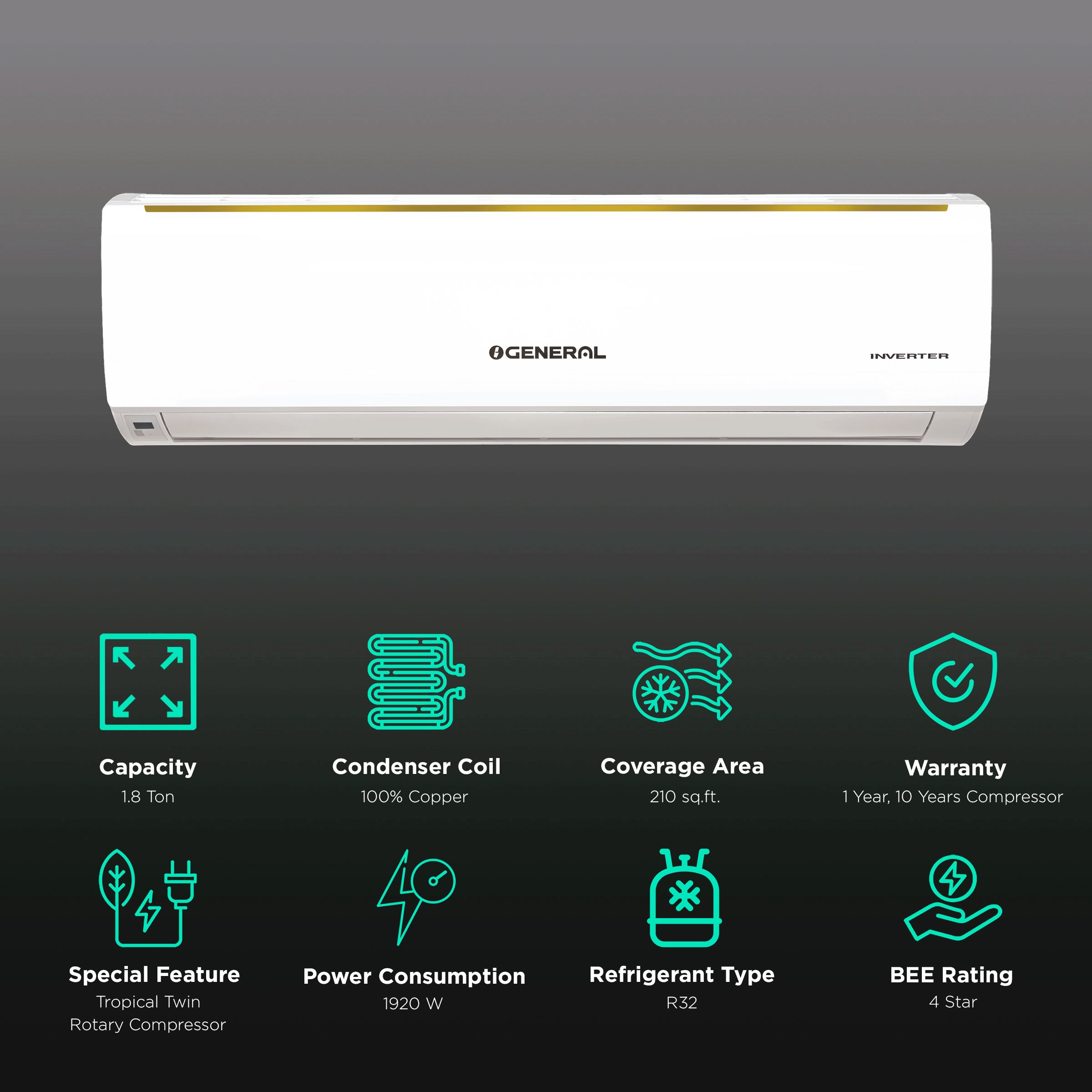 O GENERAL CLW Series 1.8 Ton 4 Star Inverter Split AC (Copper Condenser, Mildew Resistant Filter, ASGA22CLWA-B) O GENERAL CLW Series 1.8 Ton 4 Star Inverter Split AC (Copper Condenser, Mildew Resistant Filter, ASGA22CLWA-B)_1