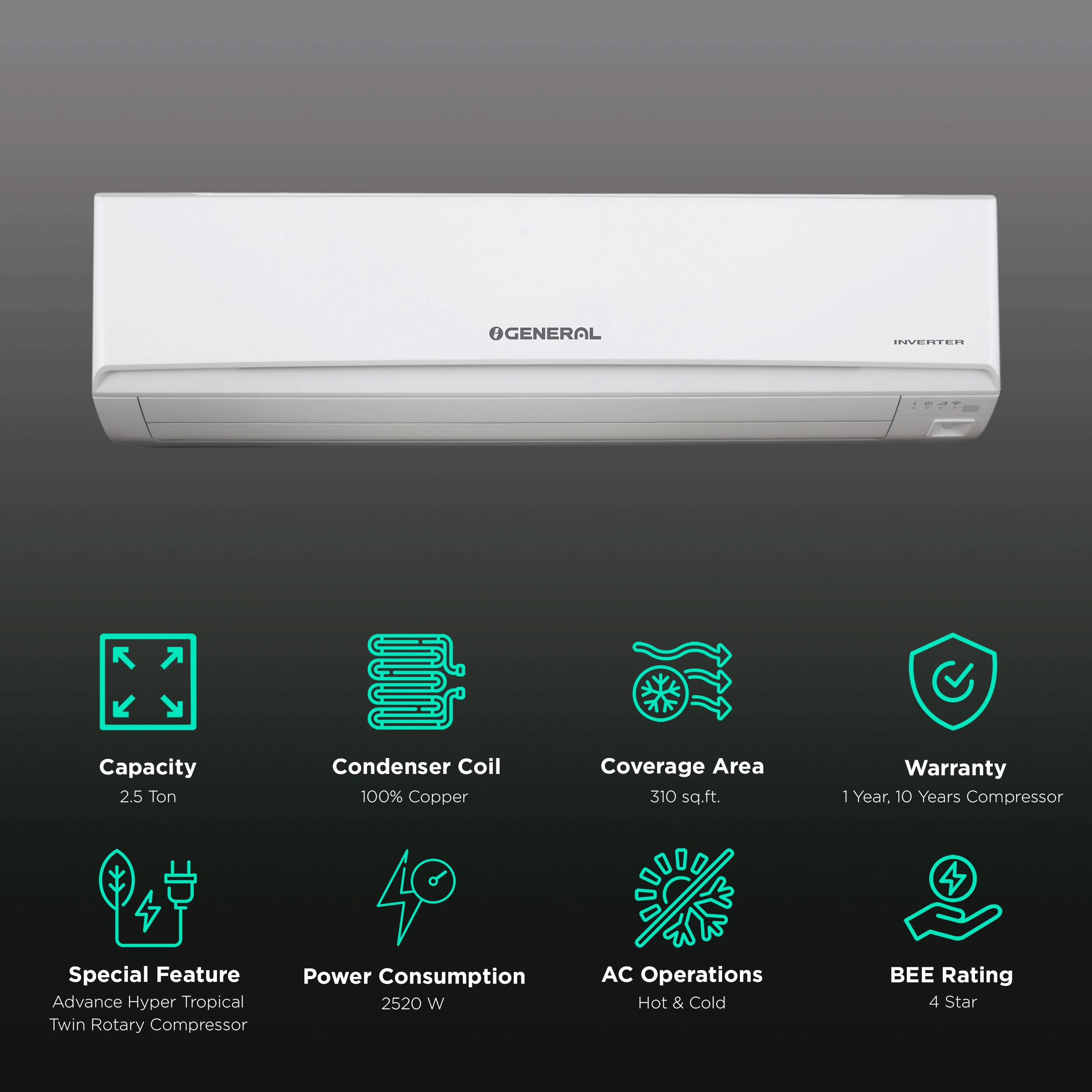 O GENERAL KJT Series 2.5 Ton 4 Star Hot & Cold Inverter Split AC (Copper Condenser, PM 2.5 Filter, ASGG30KJTA-B) O GENERAL KJT Series 2.5 Ton 4 Star Hot & Cold Inverter Split AC (Copper Condenser, PM 2.5 Filter, ASGG30KJTA-B)_2
