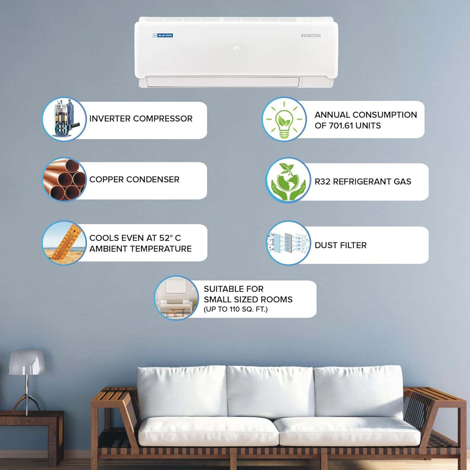 Blue Star 4 in 1 Convertible 1 Ton 3 Star Inverter Split AC with Dust Filter (Copper Condenser, IA312INU) Blue Star 4 in 1 Convertible 1 Ton 3 Star Inverter Split AC with Dust Filter (Copper Condenser, IA312INU)_10