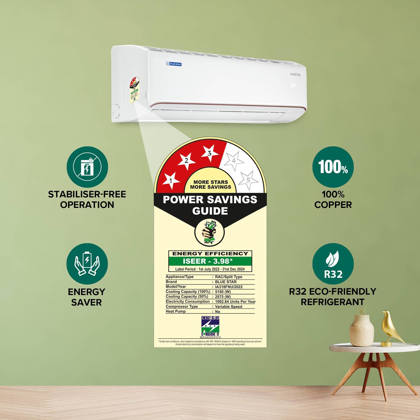 Blue Star FNU 5 in 1 Convertible 1.5 Ton 3 Star Inverter Split AC with Turbo Mode (Copper Condenser, IA318FNU) Blue Star FNU 5 in 1 Convertible 1.5 Ton 3 Star Inverter Split AC with Turbo Mode (Copper Condenser, IA318FNU)_10