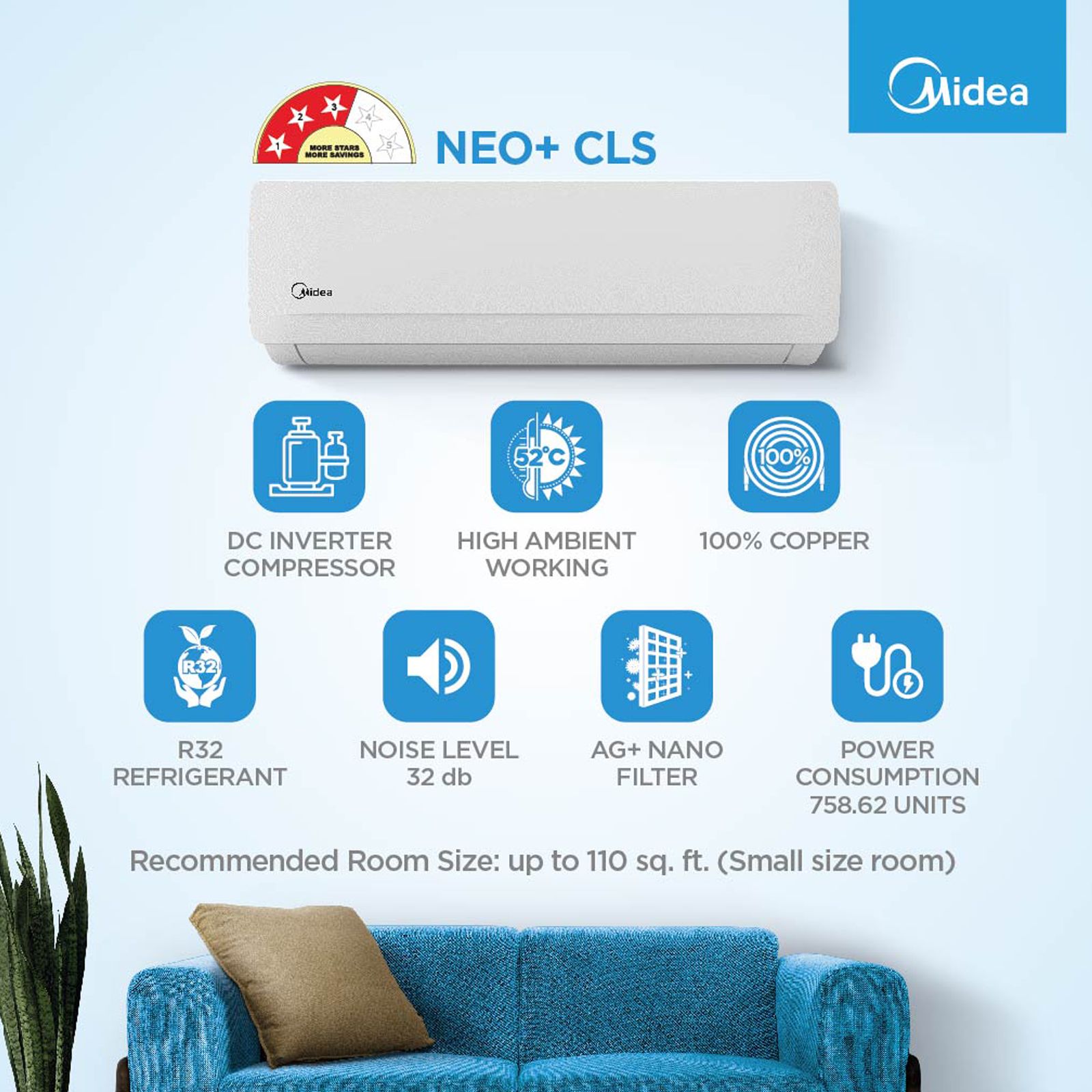 Midea Santis Neo+ CLS 1 Ton 3 Star Split AC (Copper Condenser, AG+ Nano Filter, MAS12SC3R30F1) Midea Santis Neo+ CLS 1 Ton 3 Star Split AC (Copper Condenser, AG+ Nano Filter, MAS12SC3R30F1)_6