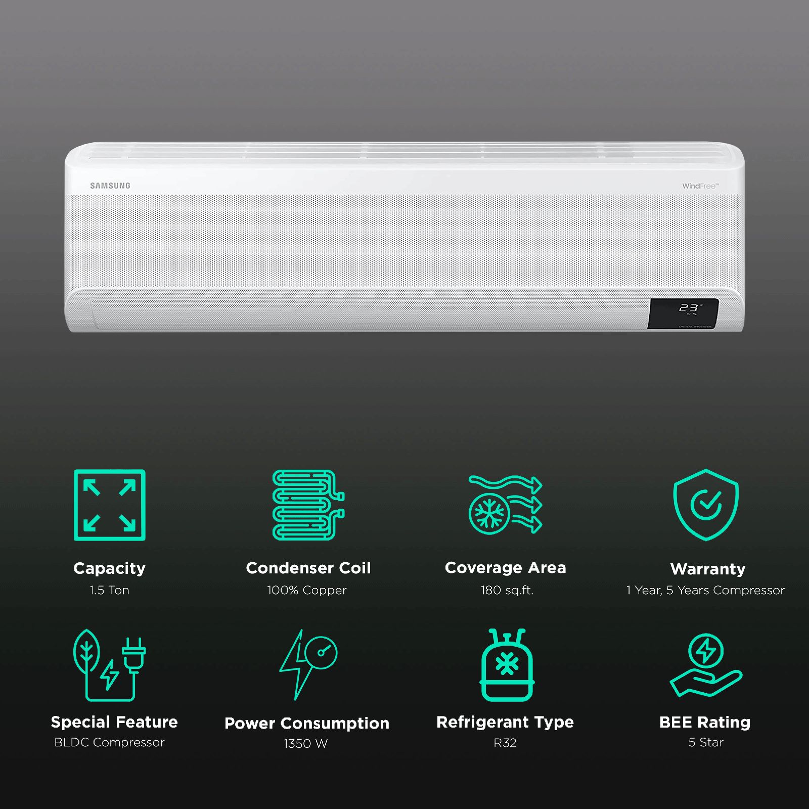 SAMSUNG 5 in 1 Convertible 1.5 Ton 5 Star Inverter Split AC with HD Filter (Copper Condenser, AR18BYNANWKNNA)_2