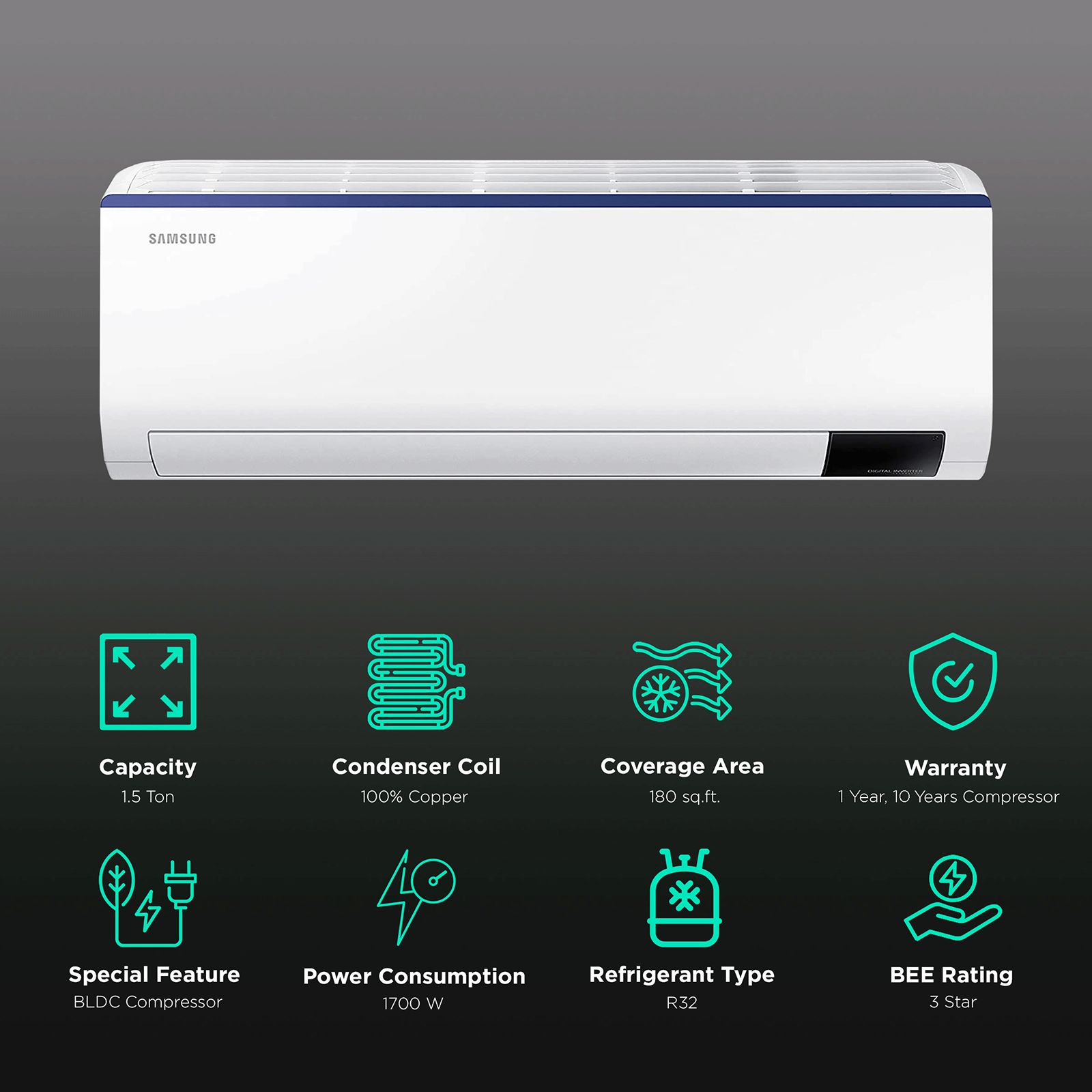 SAMSUNG 5 in 1 Convertible 1.5 Ton 3 Star Inverter Split AC with HD Filter (Copper Condenser, AR18BYLZAUR)_2