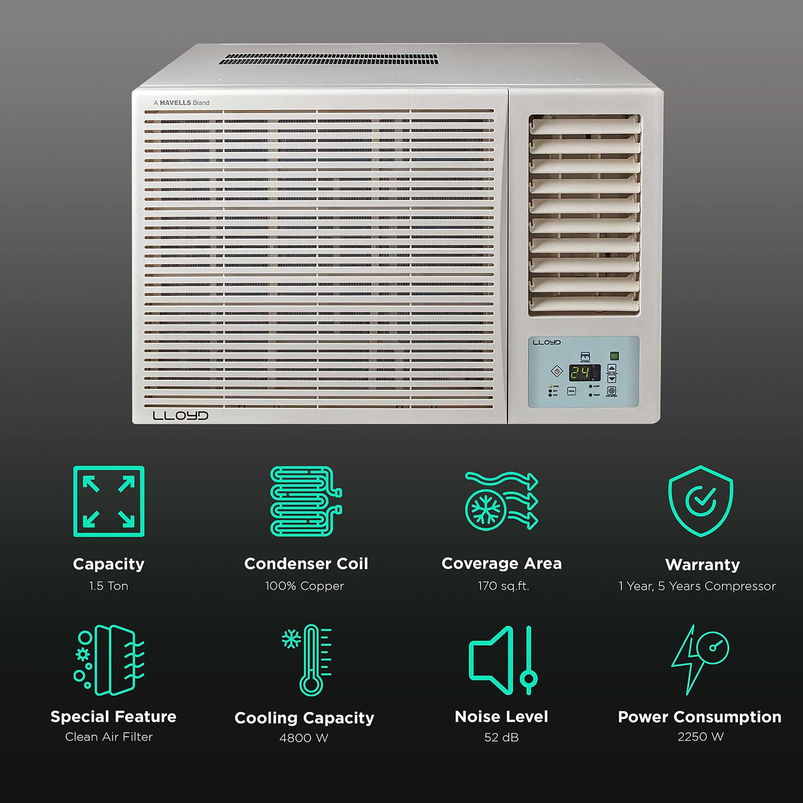 LLOYD 1.5 Ton 3 Star Window AC (Copper Condenser, Clean Air Filter, GLW18B3YWAZS)_2
