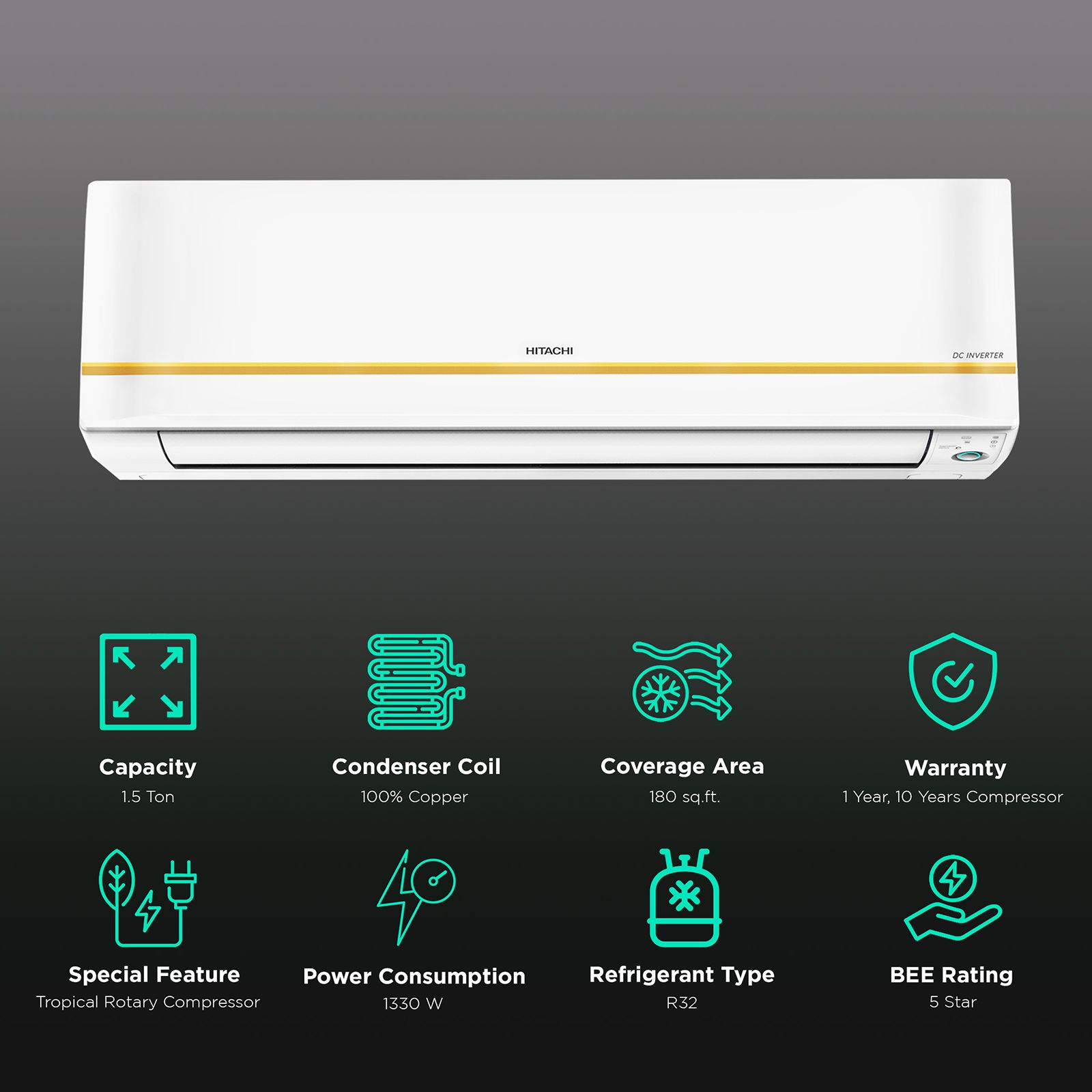 HITACHI Kiyora 5200FX 1.5 Ton 5 Star Inverter Split AC (Copper Condenser, Anti Bacterial Filter, RSRG518FFEO)_2