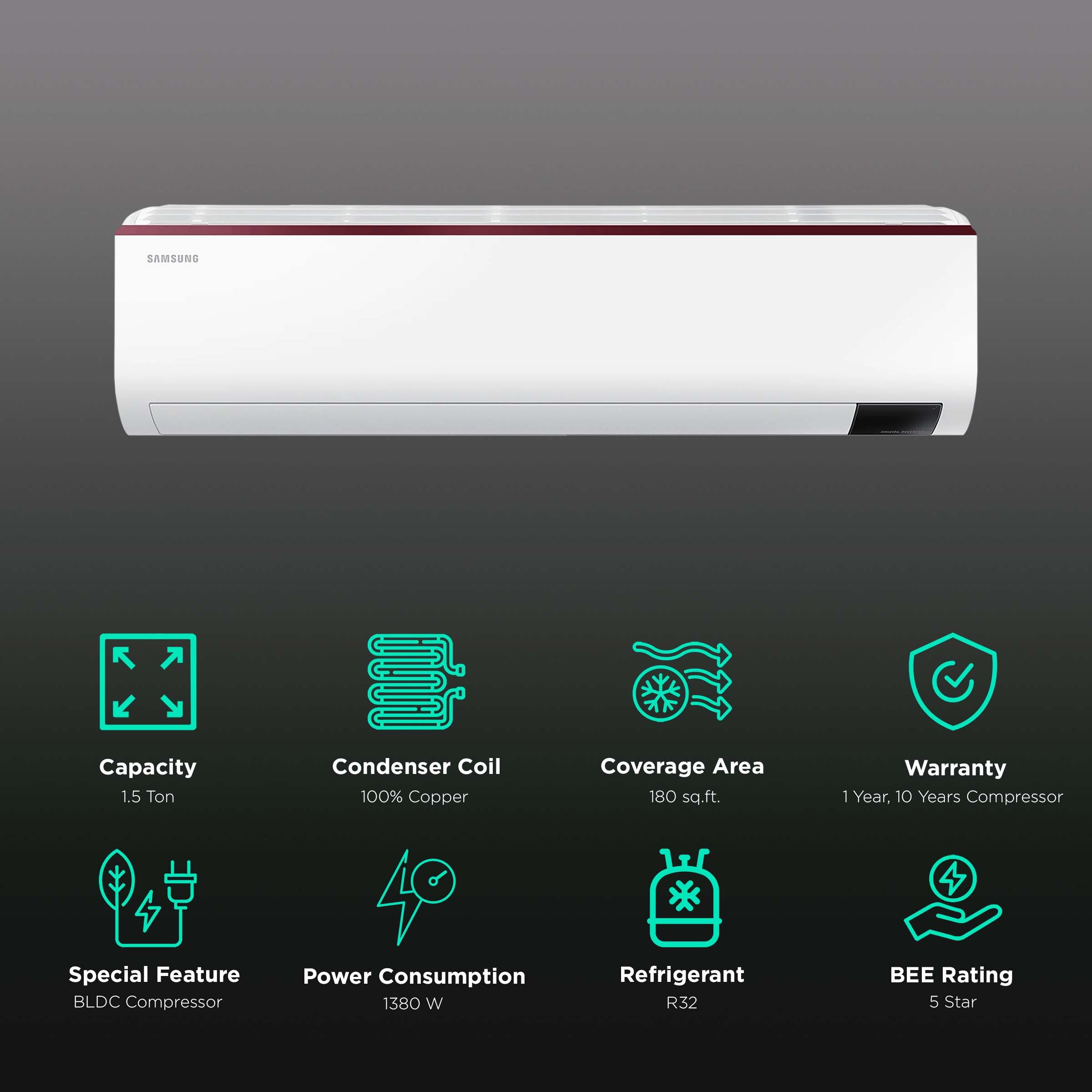 SAMSUNG Arise 5 in 1 Convertible 1.5 Ton 5 Star Adjustable Inverter Split AC with Anti Bacterial Filter (Copper Condenser, AR18BY5ZAPGXNA) SAMSUNG Arise 5 in 1 Convertible 1.5 Ton 5 Star Adjustable Inverter Split AC with Anti Bacterial Filter (Copper Condenser, AR18BY5ZAPGXNA)_1