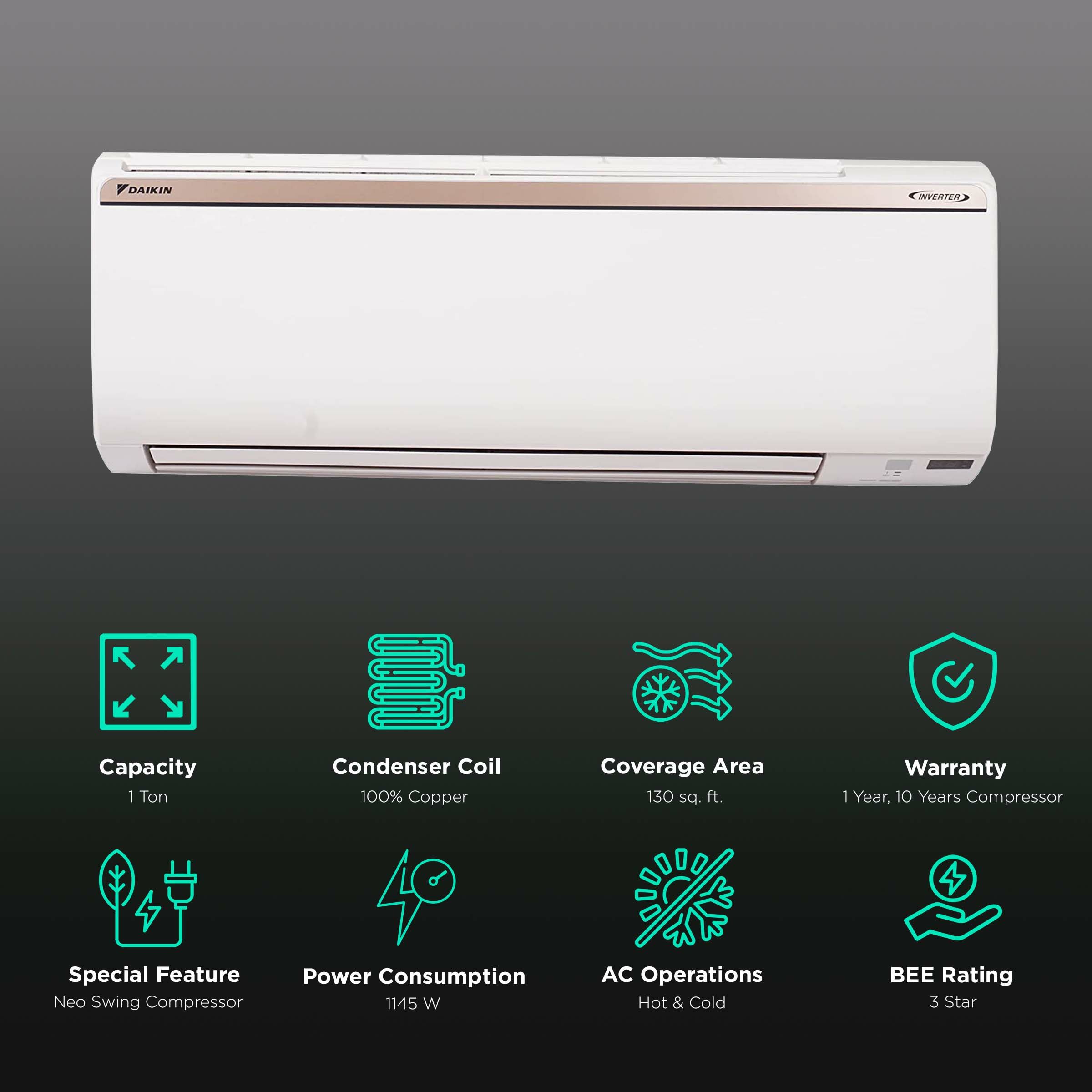 DAIKIN 1 Ton 3 Star Hot & Cold Inverter Split AC (Copper Condenser, PM 2.5 Filter, FTHT35UV)_2