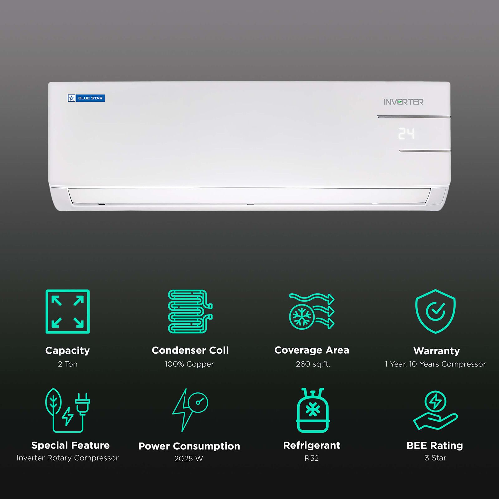 Blue Star 4 in 1 Convertible 2 Ton 3 Star Inverter Split AC with Dust Filter (Copper Condenser, IA324YNU) Blue Star 4 in 1 Convertible 2 Ton 3 Star Inverter Split AC with Dust Filter (Copper Condenser, IA324YNU)_2