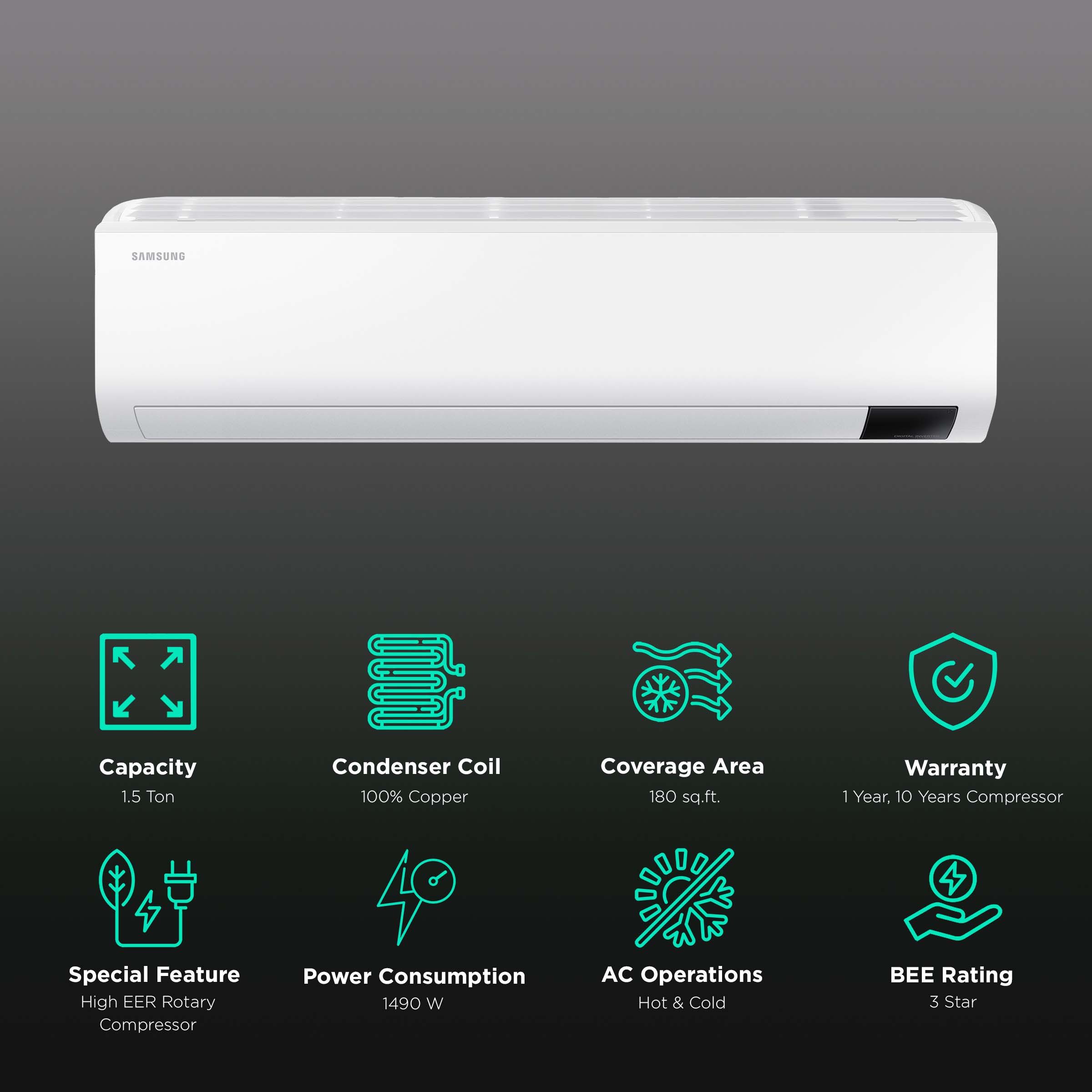 SAMSUNG Arise 5 in 1 Convertible 1.5 Ton 3 Star Hot & Cold Inverter Split AC with Anti Bacterial Filter (Copper Condenser, AR18BX4ZAWK) SAMSUNG Arise 5 in 1 Convertible 1.5 Ton 3 Star Hot & Cold Inverter Split AC with Anti Bacterial Filter (Copper Condenser, AR18BX4ZAWK)_1