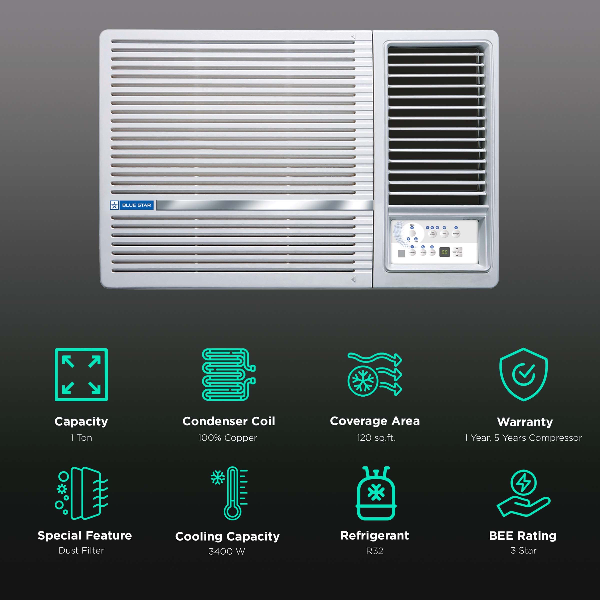 Blue Star 1 Ton 3 Star Windows AC (Copper Condenser, Dust Filter, WFB312LN) Blue Star 1 Ton 3 Star Windows AC (Copper Condenser, Dust Filter, WFB312LN)_2