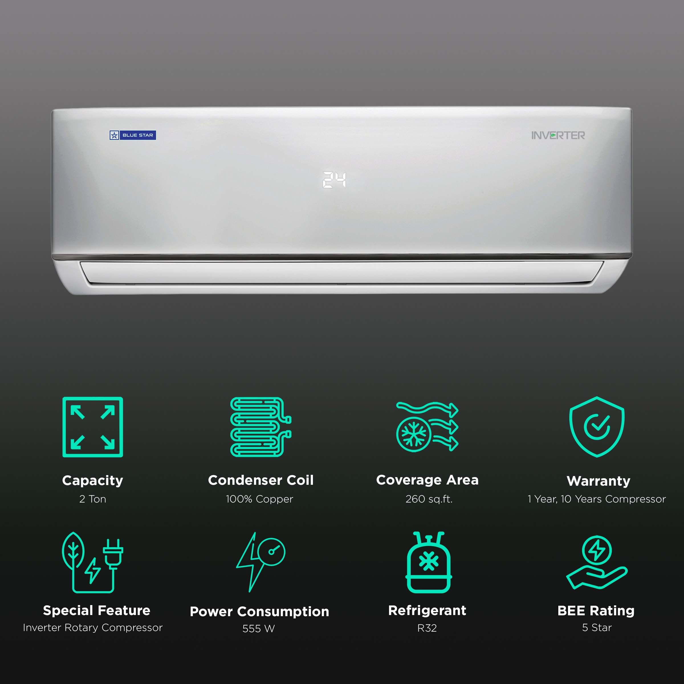 Blue Star DN 4 in 1 Convertible 2 Ton 5 Star Inverter Split AC with Dust Filter (Copper Condenser, IA524DNU) Blue Star DN 4 in 1 Convertible 2 Ton 5 Star Inverter Split AC with Dust Filter (Copper Condenser, IA524DNU)_2