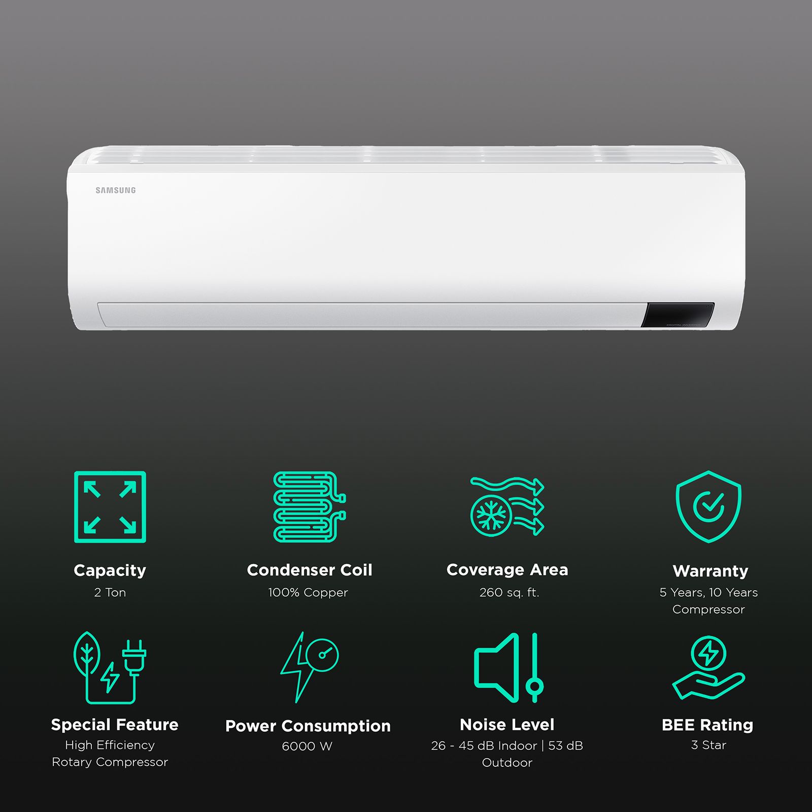 SAMSUNG GEO Plain 2 Ton 3 Star Inverter Split AC (Copper Condenser, Easy Filter Plus, AR24BY4YAWK) SAMSUNG GEO Plain 2 Ton 3 Star Inverter Split AC (Copper Condenser, Easy Filter Plus, AR24BY4YAWK)_2
