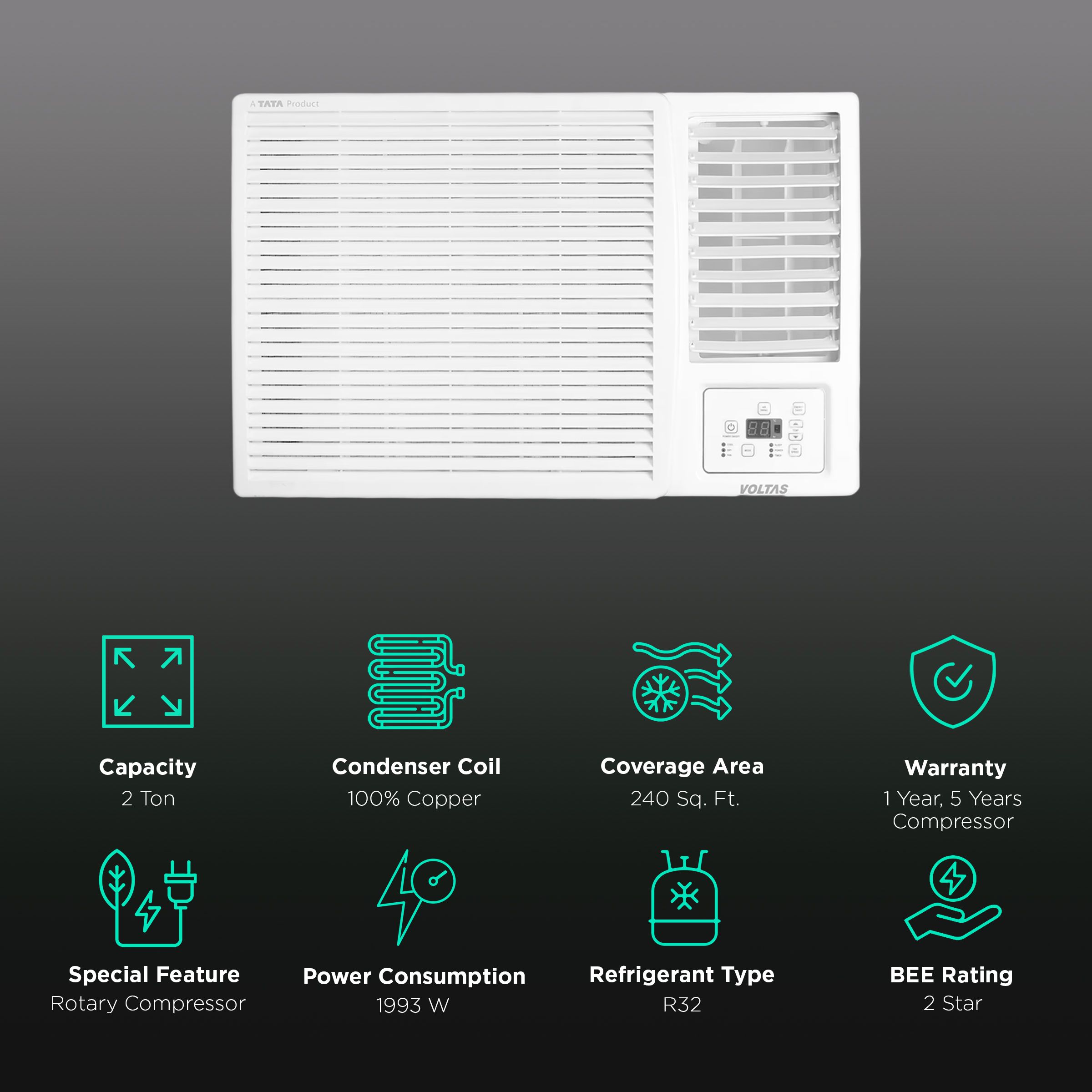 VOLTAS 2 Ton 2 Star Fixed Speed Window AC ( Copper Condenser, Anti Dust Filter, 242 Vectra Plus)_2