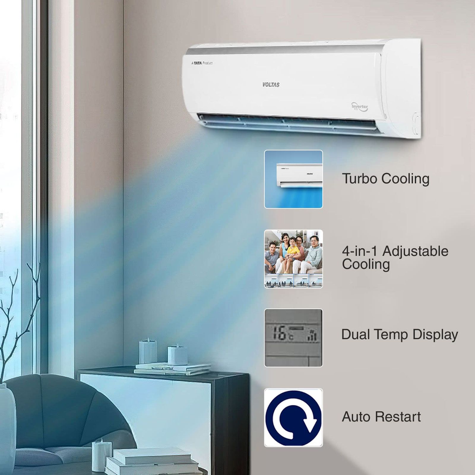 VOLTAS Vectra 2 Ton 3 Star Inverter Split AC (Copper Condenser, Anti-Dust Filter, 243V Vectra Elite, White)_7