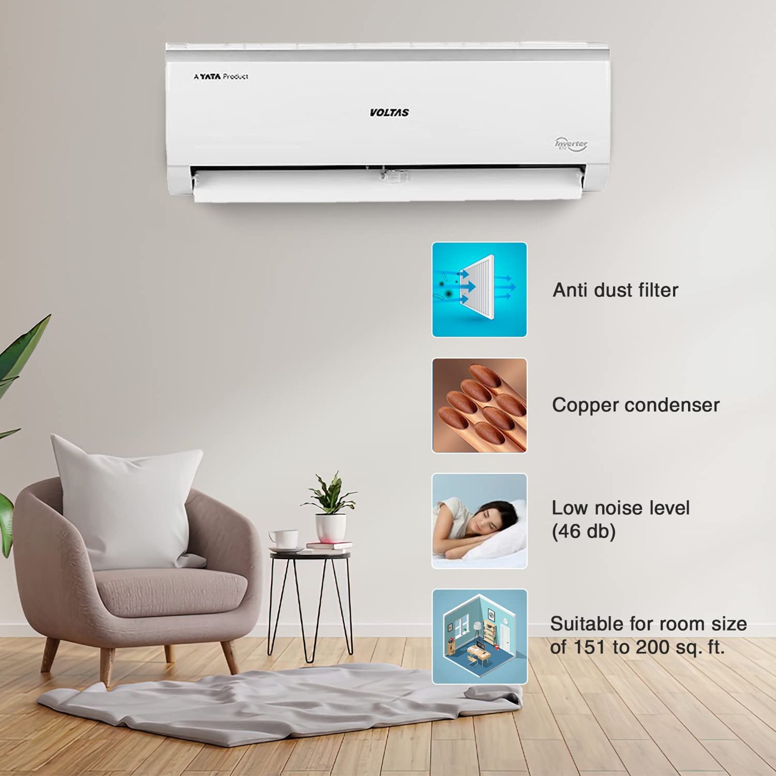 VOLTAS Vectra 2 Ton 3 Star Inverter Split AC (Copper Condenser, Anti-Dust Filter, 243V Vectra Elite, White)_9