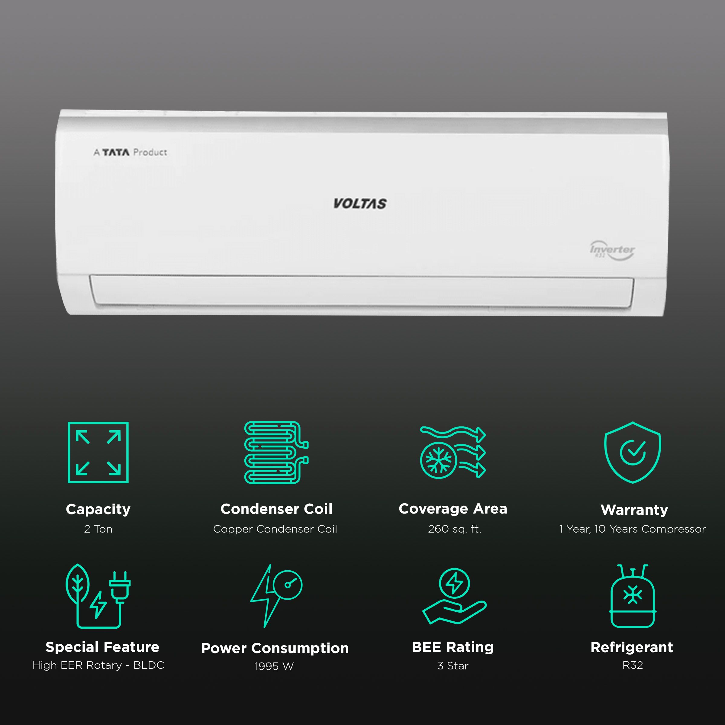 VOLTAS Vectra 2 Ton 3 Star Inverter Split AC (Copper Condenser, Anti-Dust Filter, 243V Vectra Elite, White)_2
