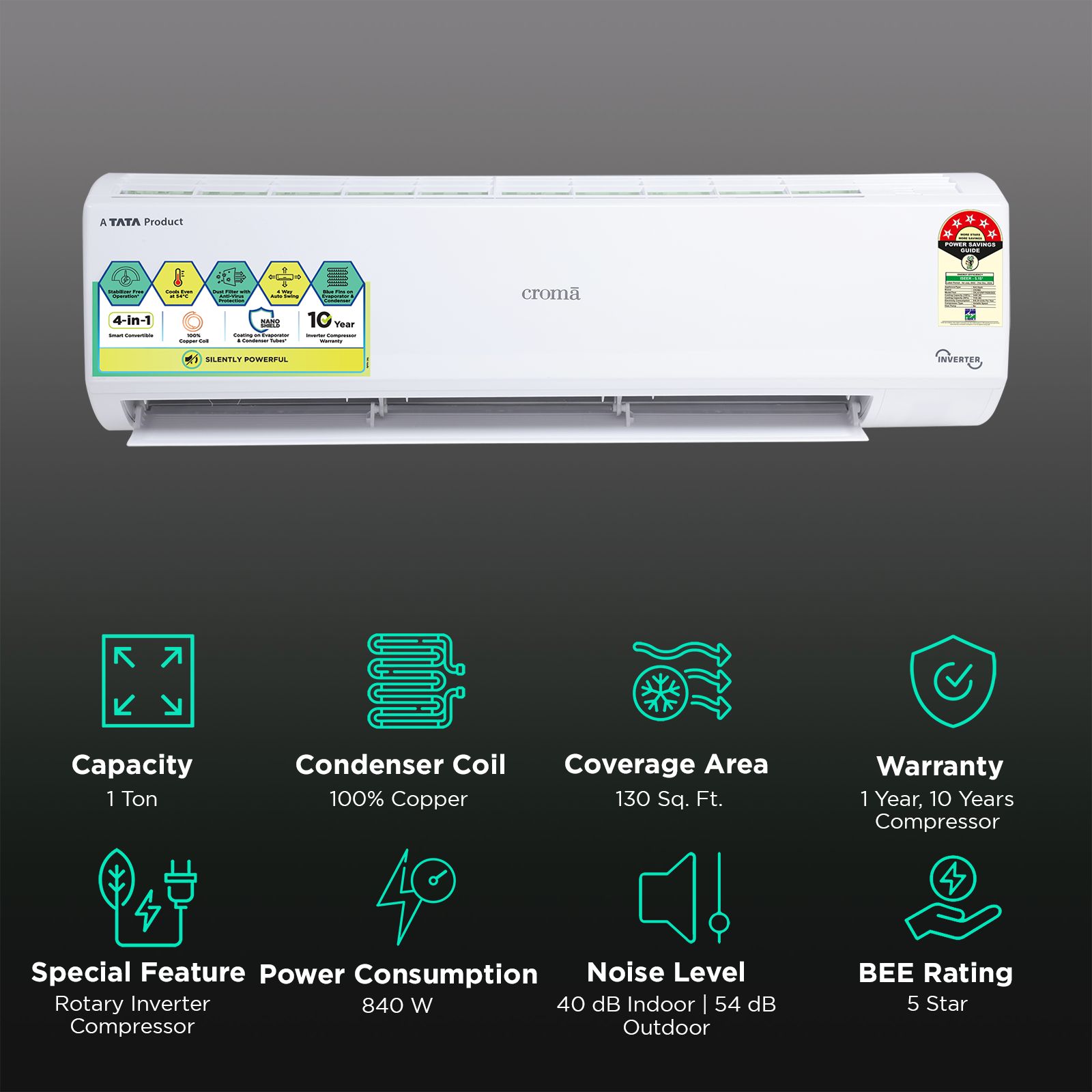 Croma 4 in 1 Convertible 1 Ton 5 Star Inverter Split AC with Self Diagnosis (Copper Condenser, CRLA012INF170255)_2