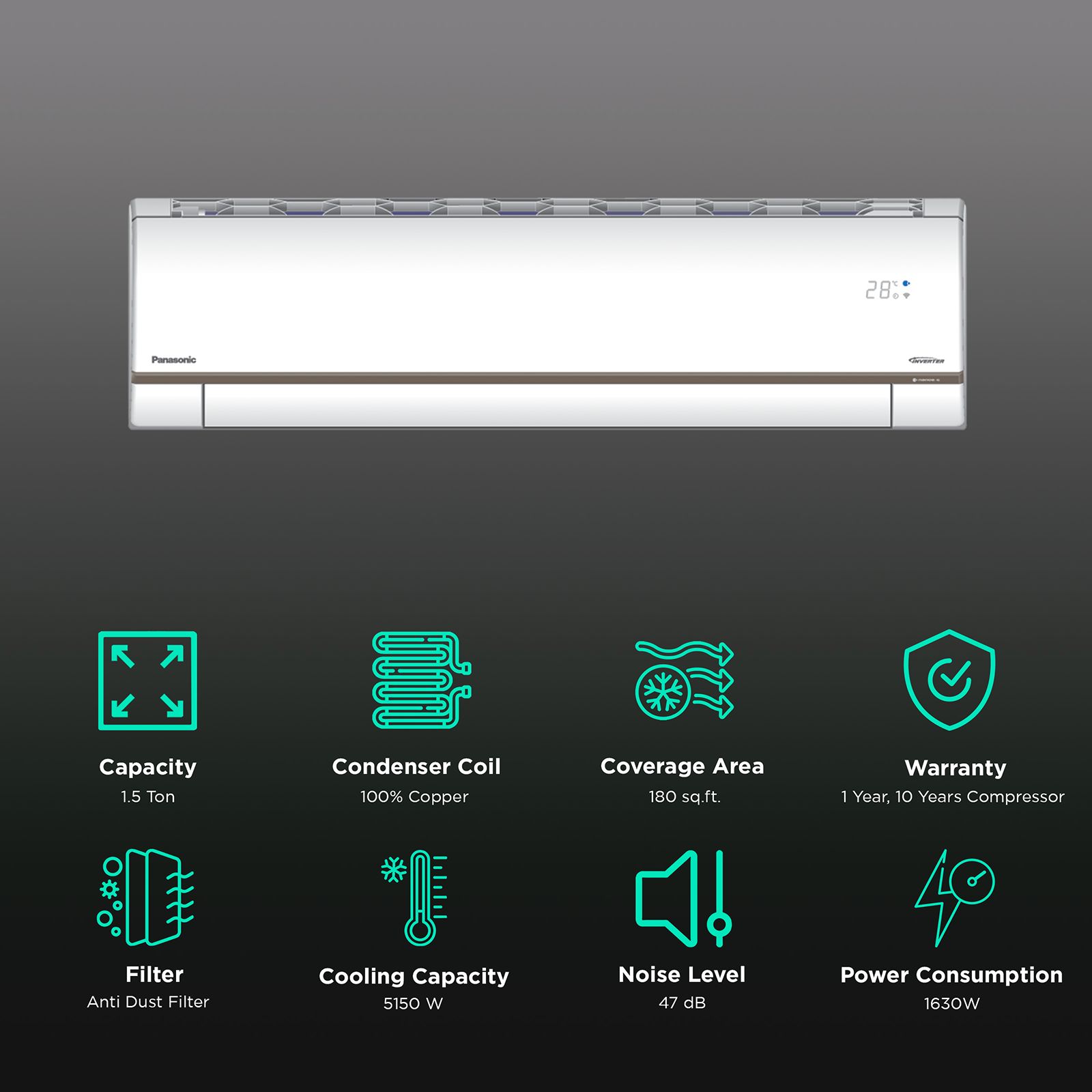 Panasonic 1.5 Ton 3 Star Inverter Split Smart AC with Shield Blu Technology (Copper Condenser, Anti-Duct Filter, CS/CU-WU18YKYXF) Panasonic 1.5 Ton 3 Star Inverter Split Smart AC with Shield Blu Technology (Copper Condenser, Anti-Duct Filter, CS/CU-WU18YKYXF)_2