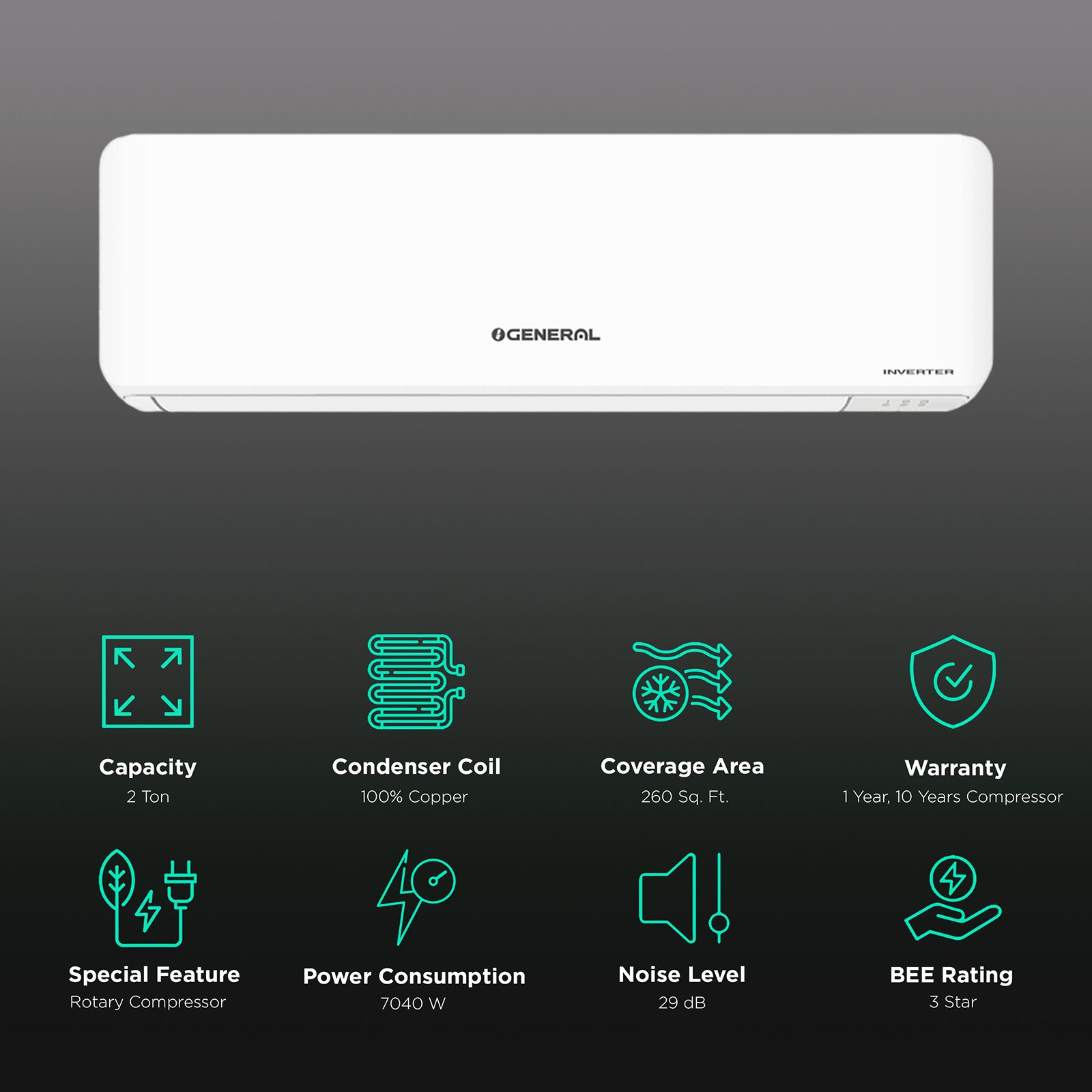 O GENERAL 2 Ton 3 Star Inverter Split AC (Copper Condenser, ASGG24CPTB-B) O GENERAL 2 Ton 3 Star Inverter Split AC (Copper Condenser, ASGG24CPTB-B)_2