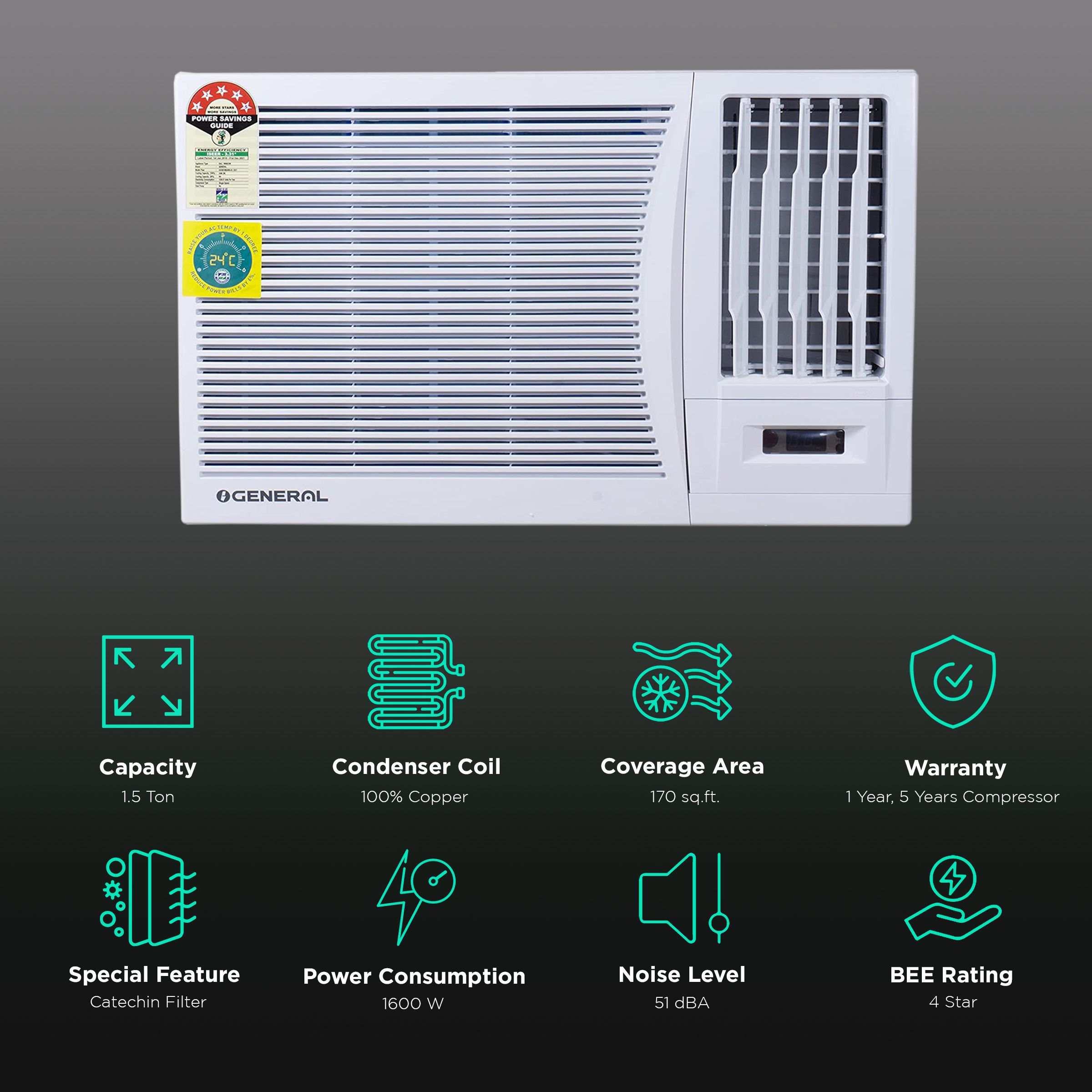 O GENERAL 1.5 Ton 4 Star Window AC (Copper Condenser, Catechin Filter, AXGB18BAWA-B) O GENERAL 1.5 Ton 4 Star Window AC (Copper Condenser, Catechin Filter, AXGB18BAWA-B)_2