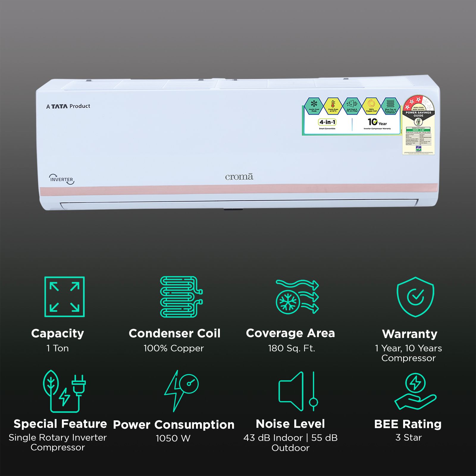 Croma 4 in 1 Convertible 1 Ton 3 Star Inverter Split AC with Dust Filter (Copper Condenser, CRLA012IND283251)_2