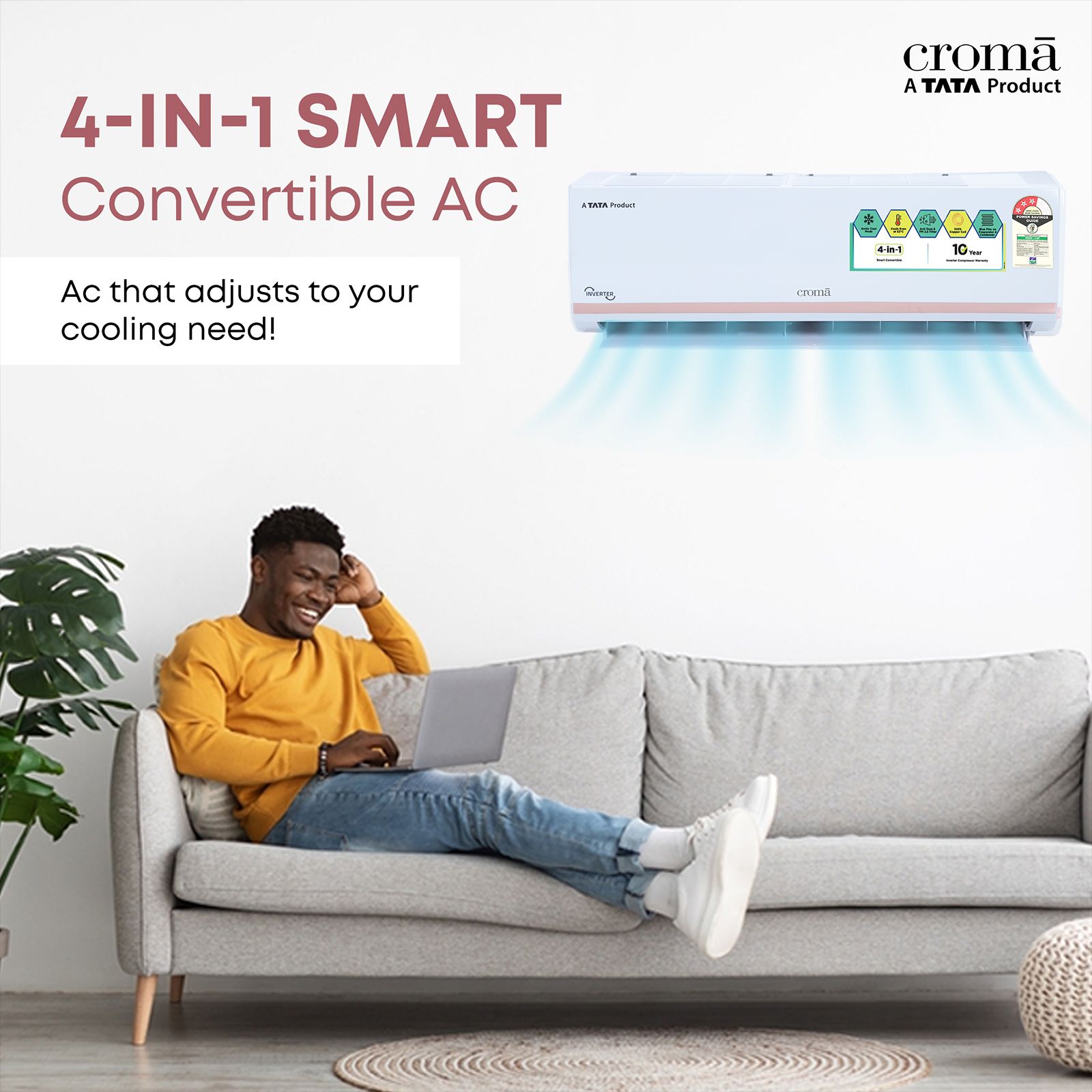 Croma 4 in 1 Convertible 1 Ton 3 Star Inverter Split AC with Dust Filter (Copper Condenser, CRLA012IND283251)_5