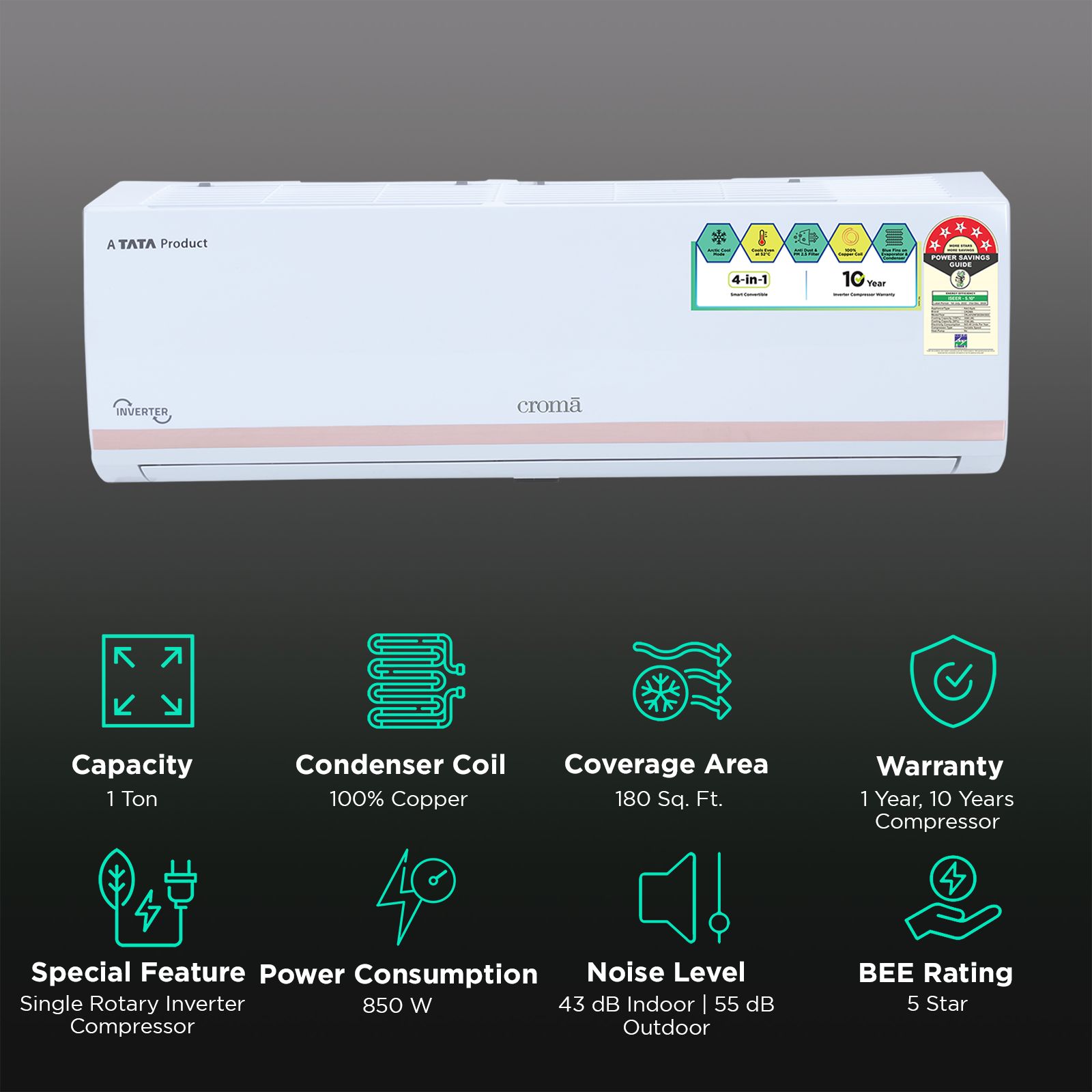Croma 4 in 1 Convertible 1 Ton 5 Star Inverter Split AC with Dust Filter (Copper Condenser, CRLA012INF283254) Croma 4 in 1 Convertible 1 Ton 5 Star Inverter Split AC with Dust Filter (Copper Condenser, CRLA012INF283254)_2