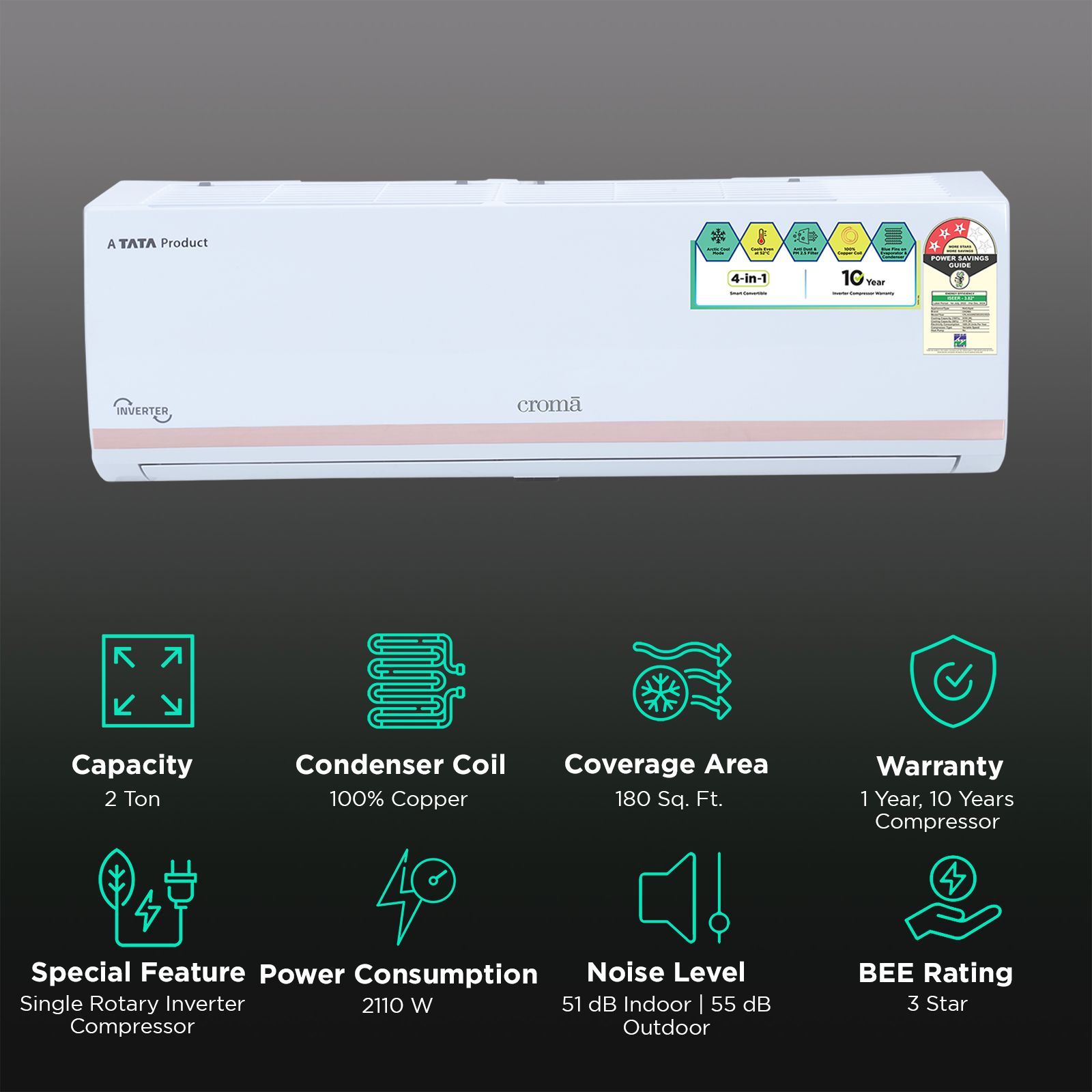 Croma 4 in 1 Convertible 2 Ton 3 Star Inverter Split AC with Dust Filter (Copper Condenser, CRLA024IND283253) Croma 4 in 1 Convertible 2 Ton 3 Star Inverter Split AC with Dust Filter (Copper Condenser, CRLA024IND283253)_2