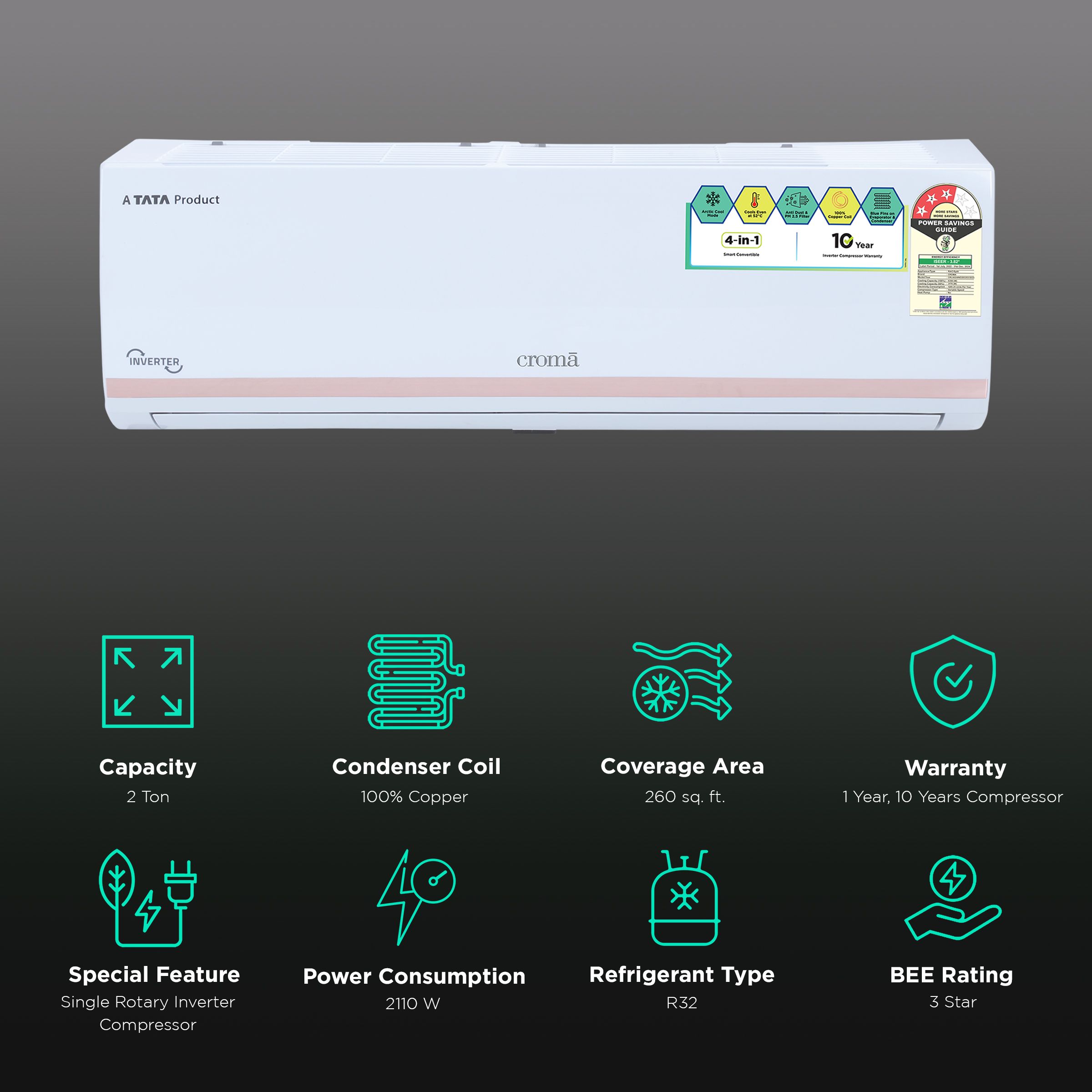 Croma 4 in 1 Convertible 2 Ton 3 Star Inverter Split AC with Dust Filter (Copper Condenser, CRLA024IND283253) Croma 4 in 1 Convertible 2 Ton 3 Star Inverter Split AC with Dust Filter (Copper Condenser, CRLA024IND283253)_3