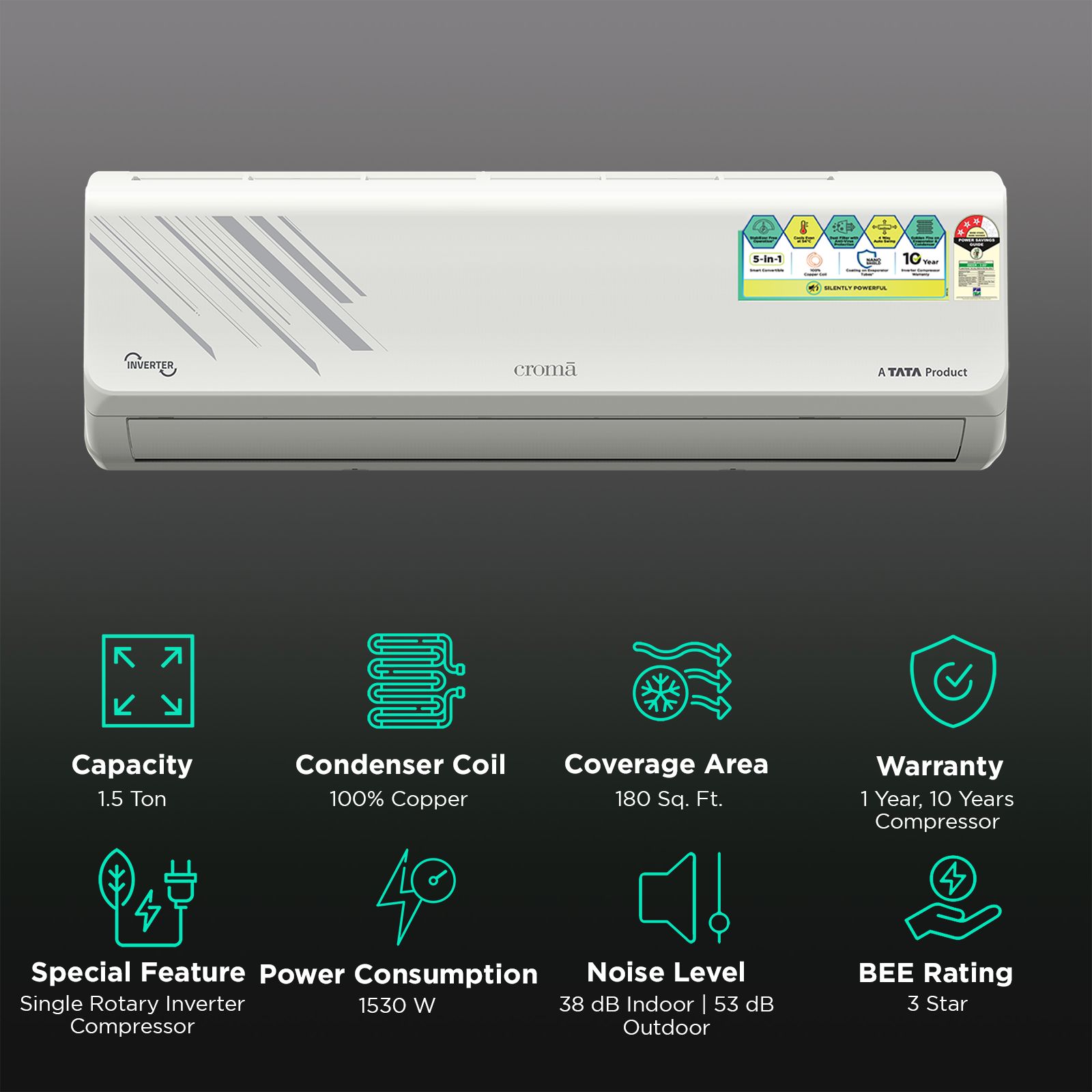 Croma 5 in 1 Convertible 1.5 Ton 3 Star Inverter Split AC with Self Diagnosis (Copper Condenser, CRLA018IND255352) Croma 5 in 1 Convertible 1.5 Ton 3 Star Inverter Split AC with Self Diagnosis (Copper Condenser, CRLA018IND255352)_2