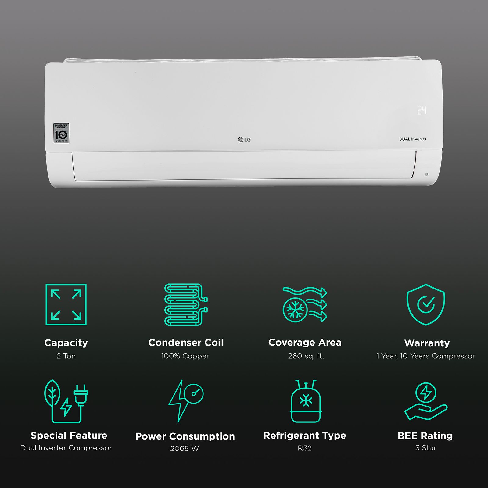 LG 6 in 1 Convertible 2 Ton 3 Star AI Dual Inverter Split AC with 4-Way Swing (Copper Condenser, RS-Q24ENXE) LG 6 in 1 Convertible 2 Ton 3 Star AI Dual Inverter Split AC with 4-Way Swing (Copper Condenser, RS-Q24ENXE)_2