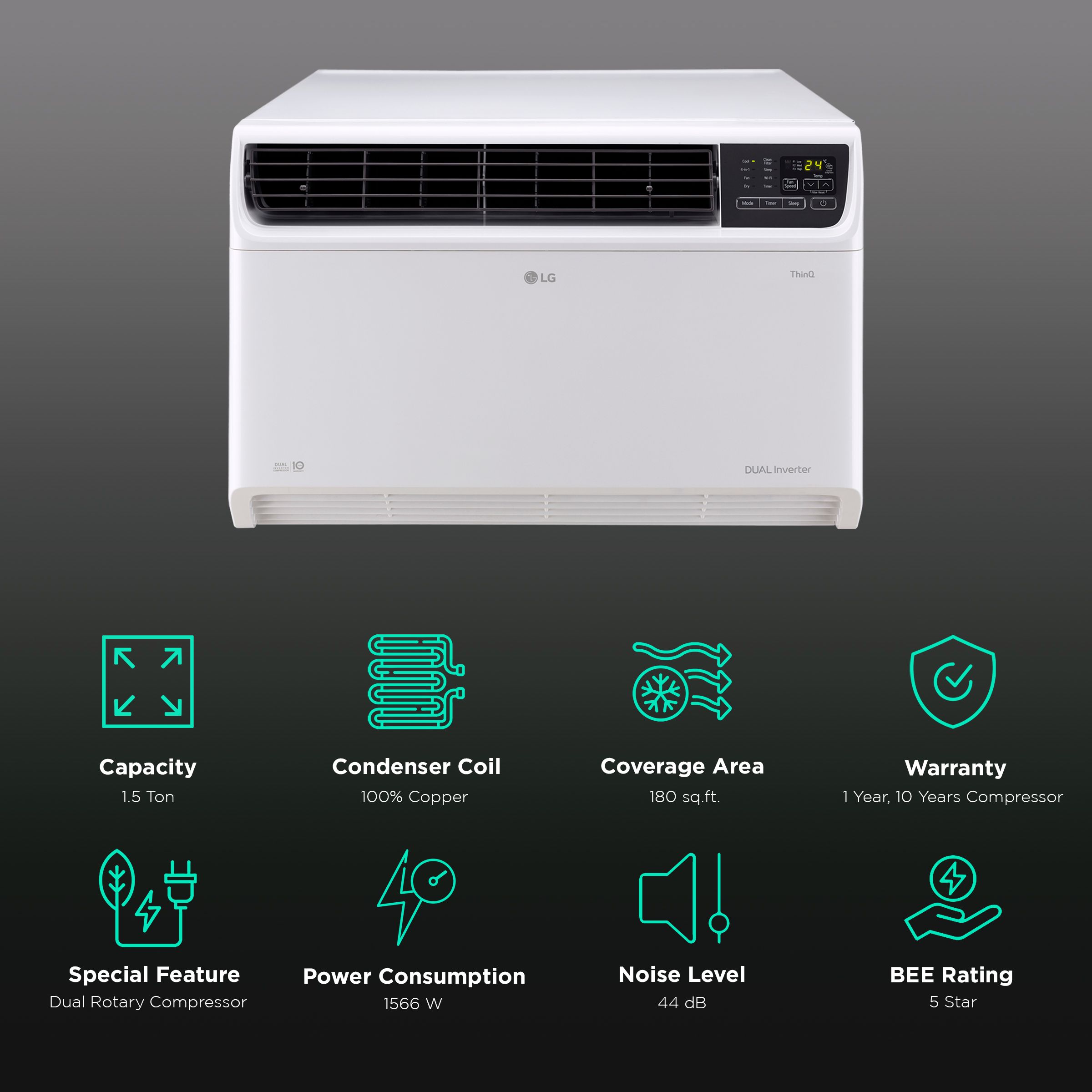 LG 4 in 1 Convertible 1.5 Ton 5 Star Dual Inverter Window Smart AC with Stabilizer Free Operation (Copper Condenser, RW-Q18WWZA) LG 4 in 1 Convertible 1.5 Ton 5 Star Dual Inverter Window Smart AC with Stabilizer Free Operation (Copper Condenser, RW-Q18WWZA)_2