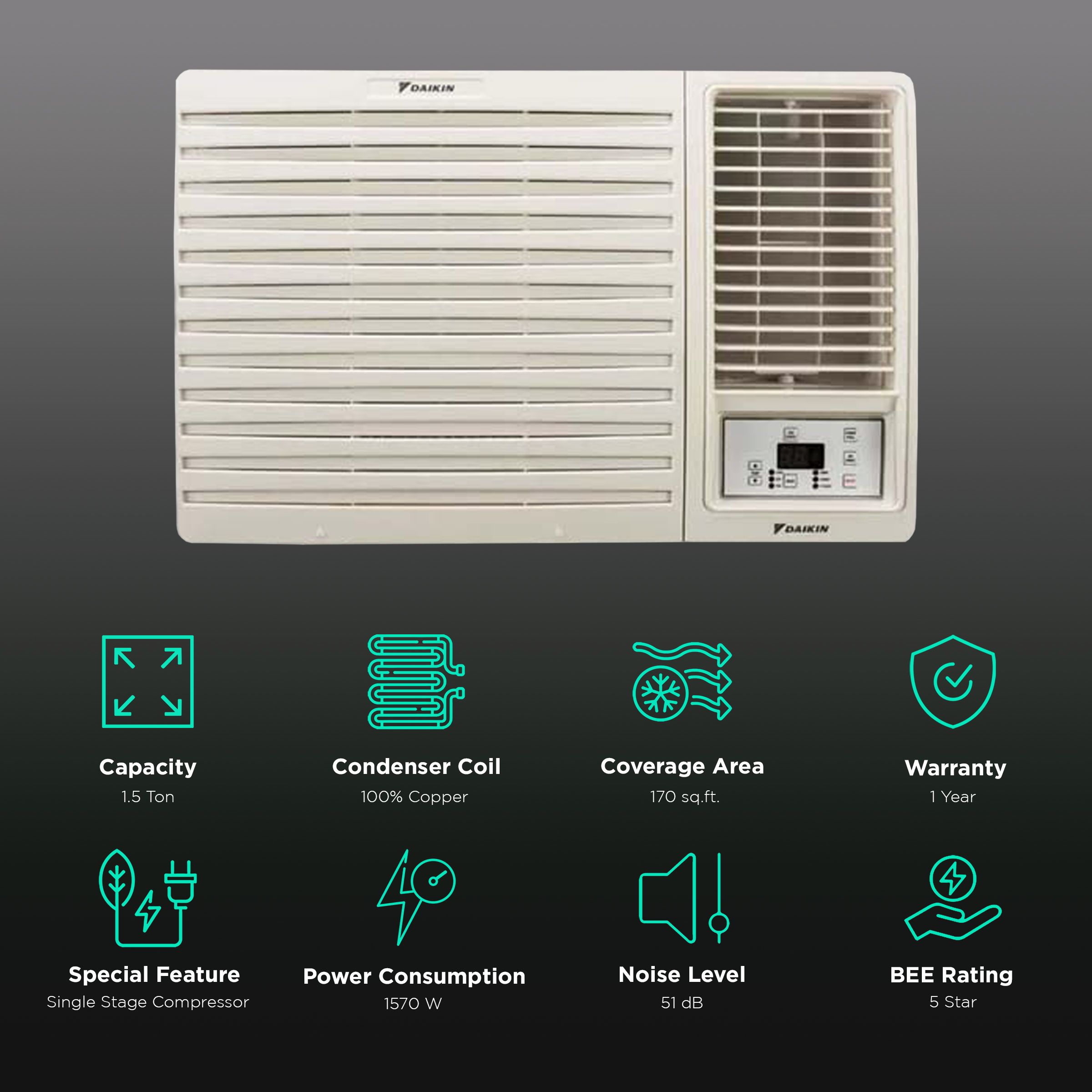 DAIKIN 1.5 Ton 5 Star Inverter Window AC ( Copper Condenser, FRWKF50UV163A) DAIKIN 1.5 Ton 5 Star Inverter Window AC ( Copper Condenser, FRWKF50UV163A)_2