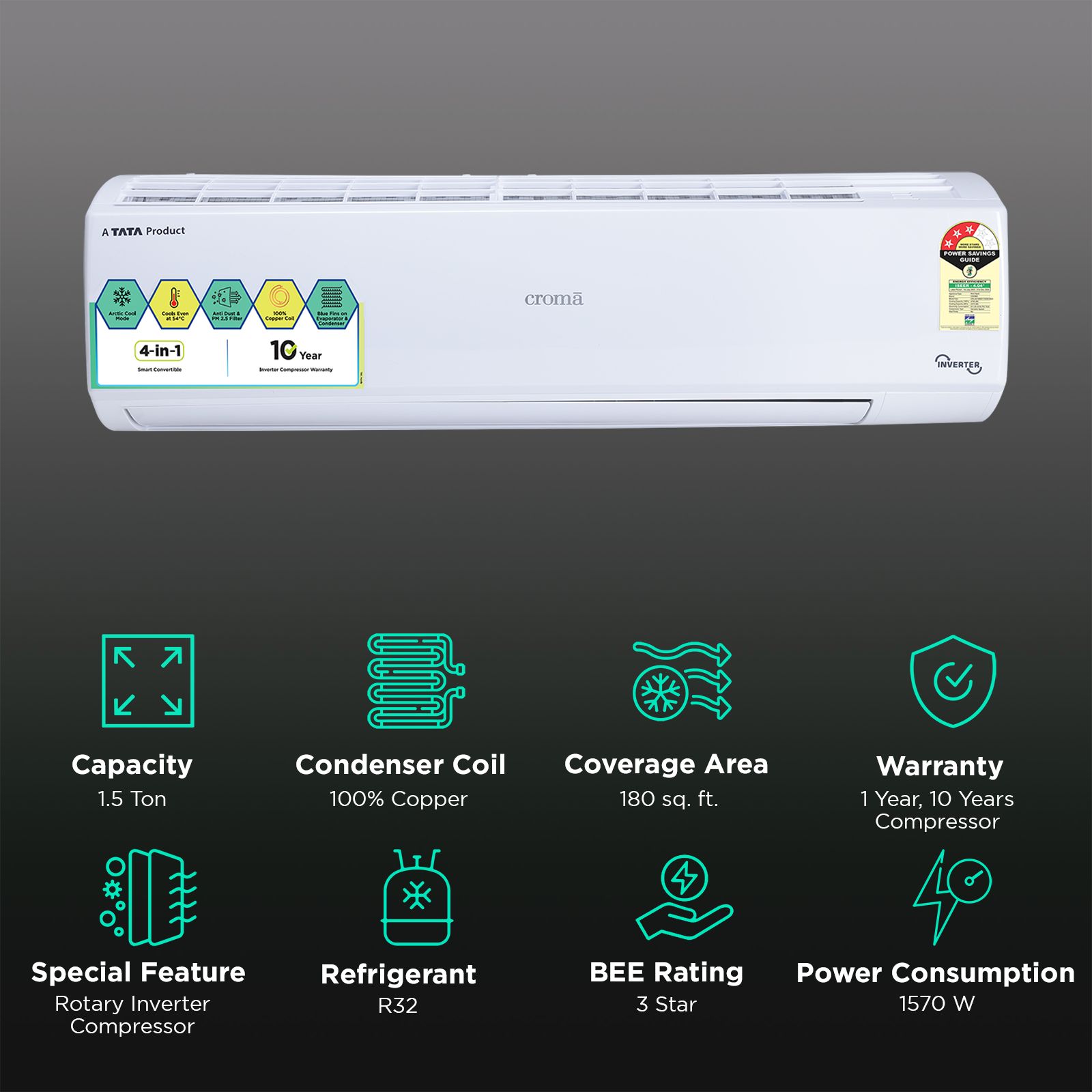 Croma 4 in 1 Convertible 1.5 Ton 3 Star Inverter Split AC with Active Carbon Filter (Copper Condenser, CRLA018IND170258) Croma 4 in 1 Convertible 1.5 Ton 3 Star Inverter Split AC with Active Carbon Filter (Copper Condenser, CRLA018IND170258)_2