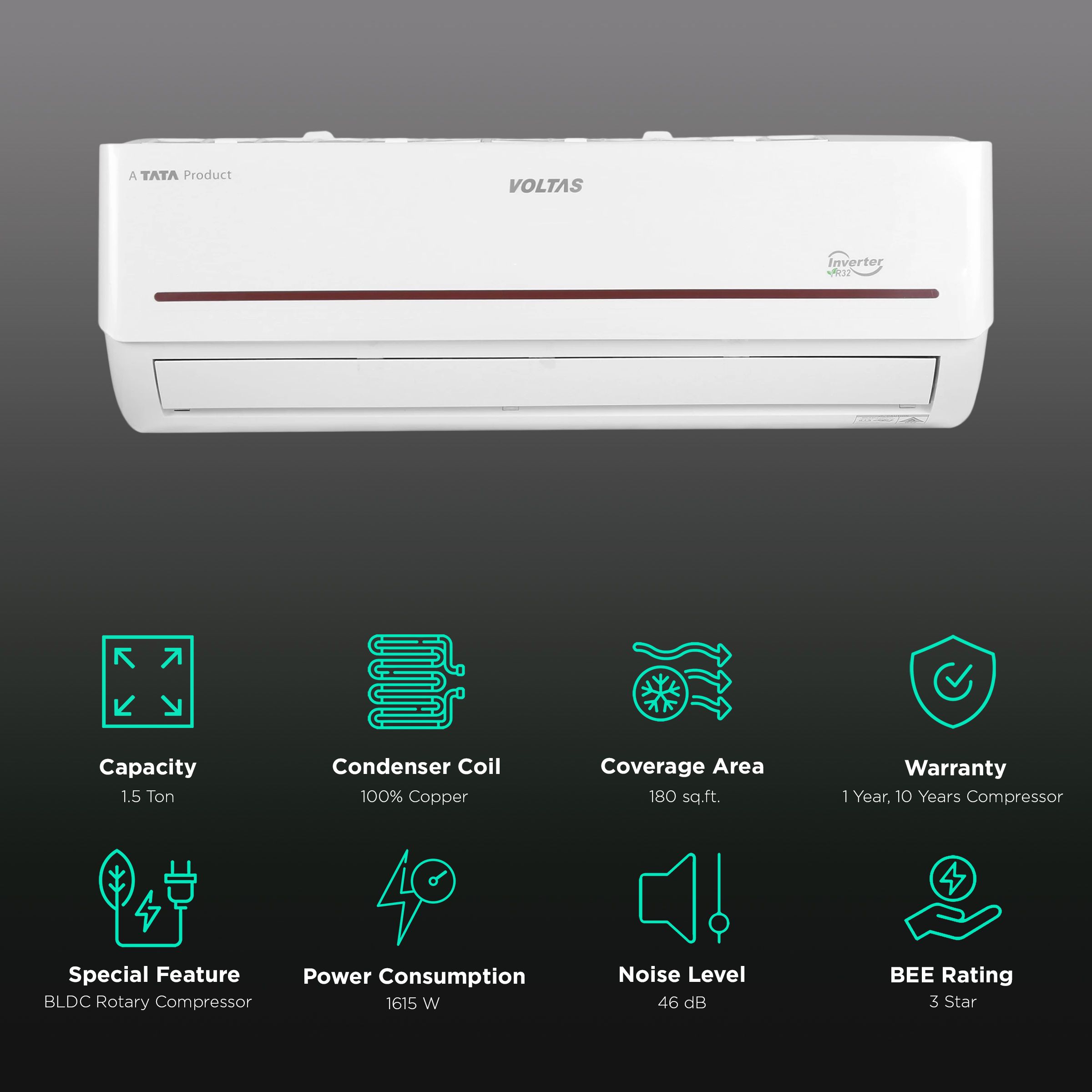 VOLTAS 1.5 Ton 3 Star Inverter Split AC (Copper Condenser, Anti Dust, 183V Vectra Prism)_2