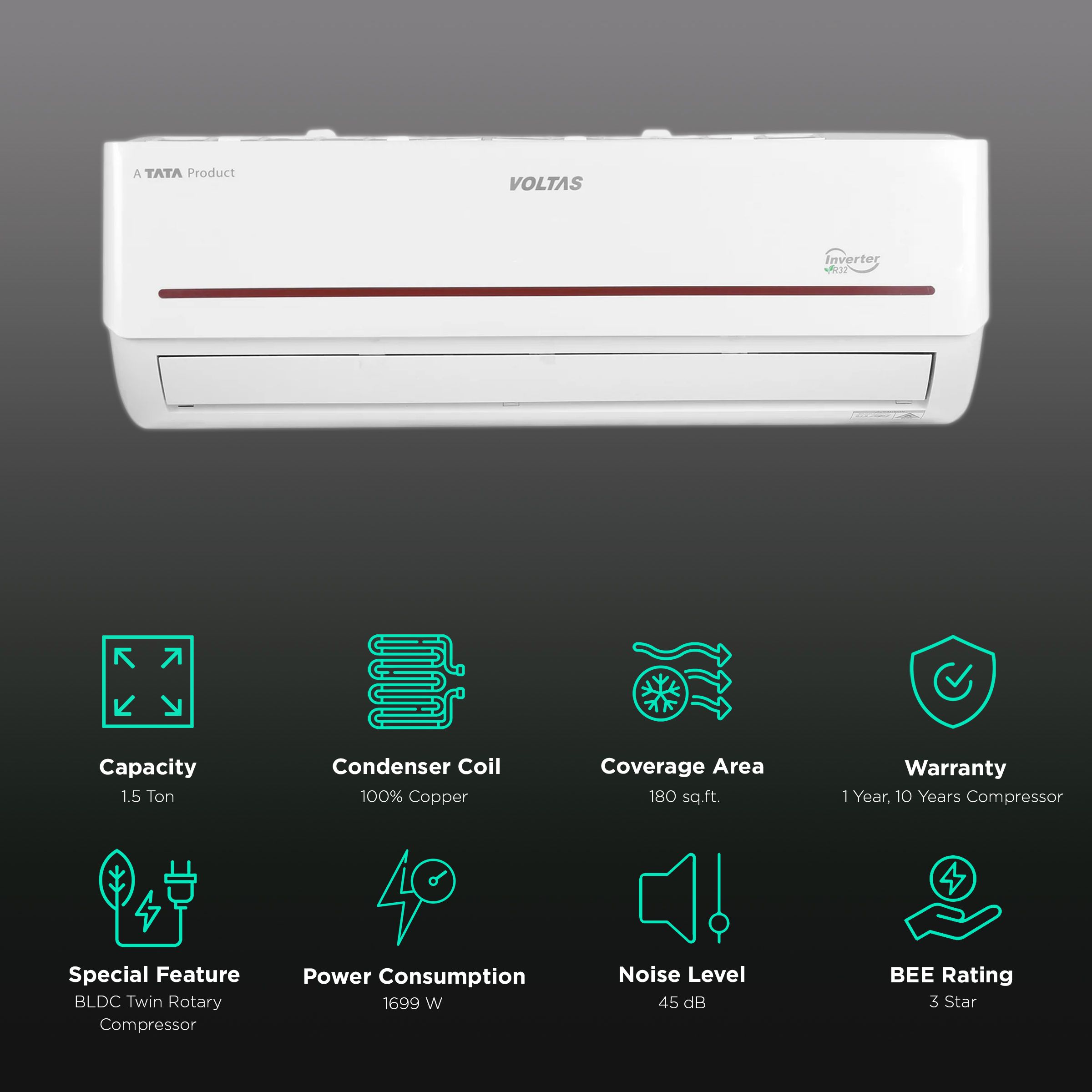 VOLTAS 1.5 Ton 3 Star Hot and Cold Inverter Split AC (Copper Condenser, Anti Dust Filter, 183VH Vertis Prism) VOLTAS 1.5 Ton 3 Star Hot and Cold Inverter Split AC (Copper Condenser, Anti Dust Filter, 183VH Vertis Prism)_2