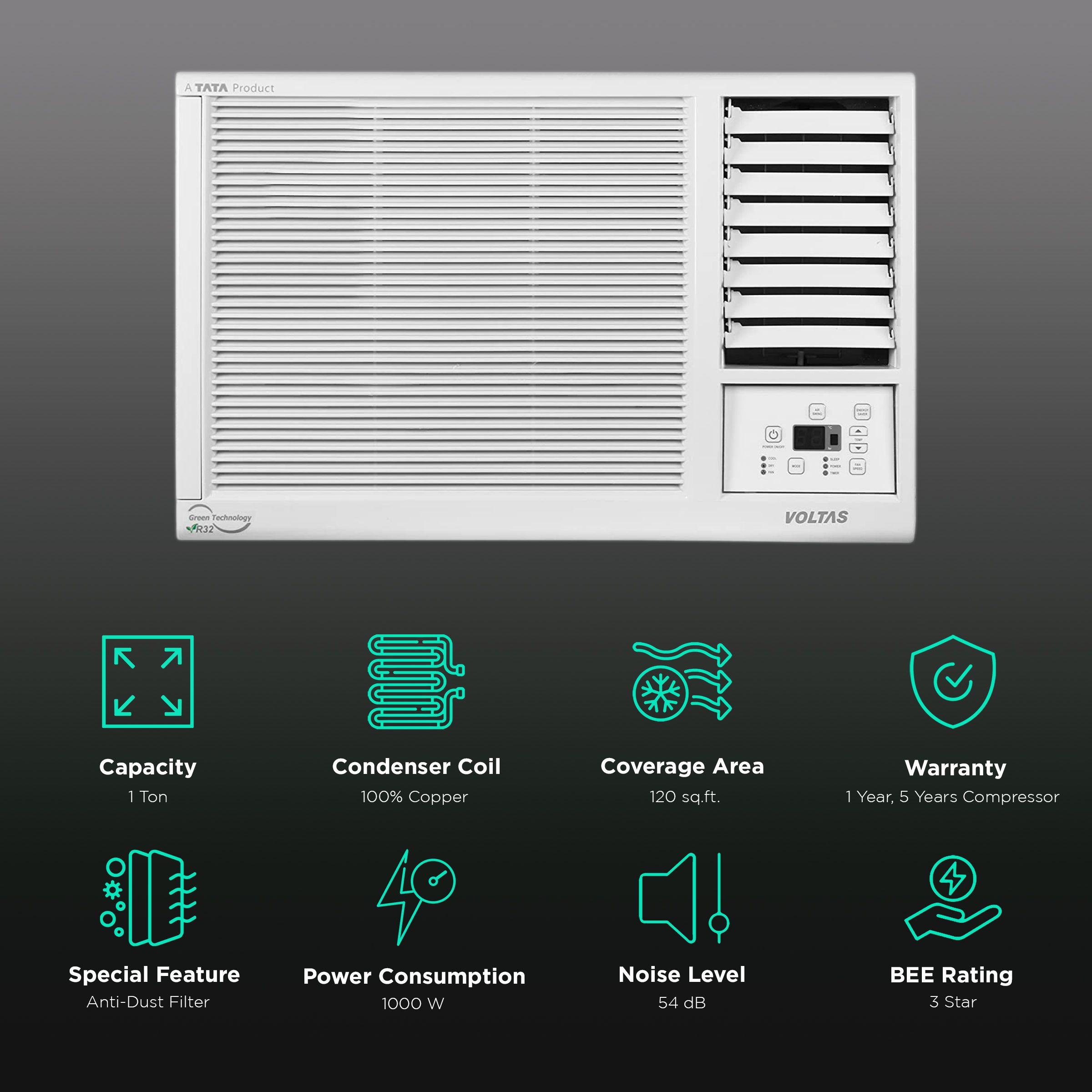 Voltas Vectra 1 Ton 3 Star Fixed Speed Window AC (2023 Model, Copper Condenser, Anti Dust Filter, 123 Vectra Platina)_2