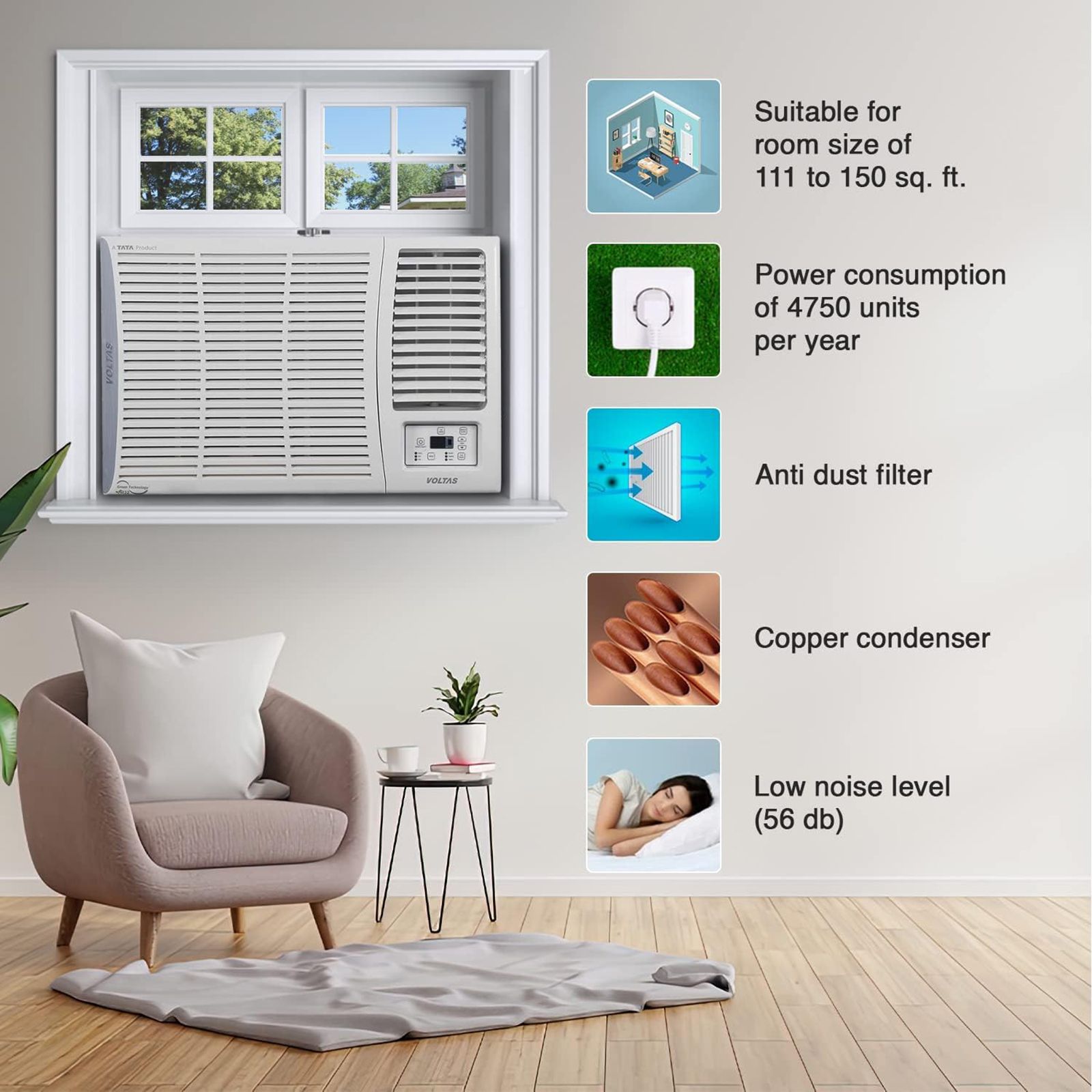 VOLTAS Vectra 1.5 Ton 3 Star Window AC ( Copper Condenser, Anti Dust Filter, 183 Vectra Pearl )_8