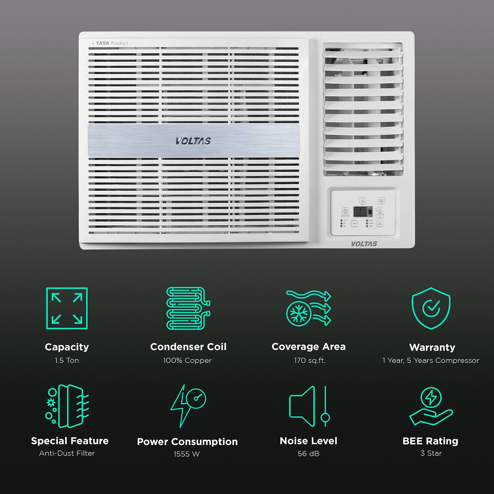 VOLTAS Vectra 1.5 Ton 3 Star Window AC ( Copper Condenser, Anti Dust Filter, 183 Vectra Pearl )_2