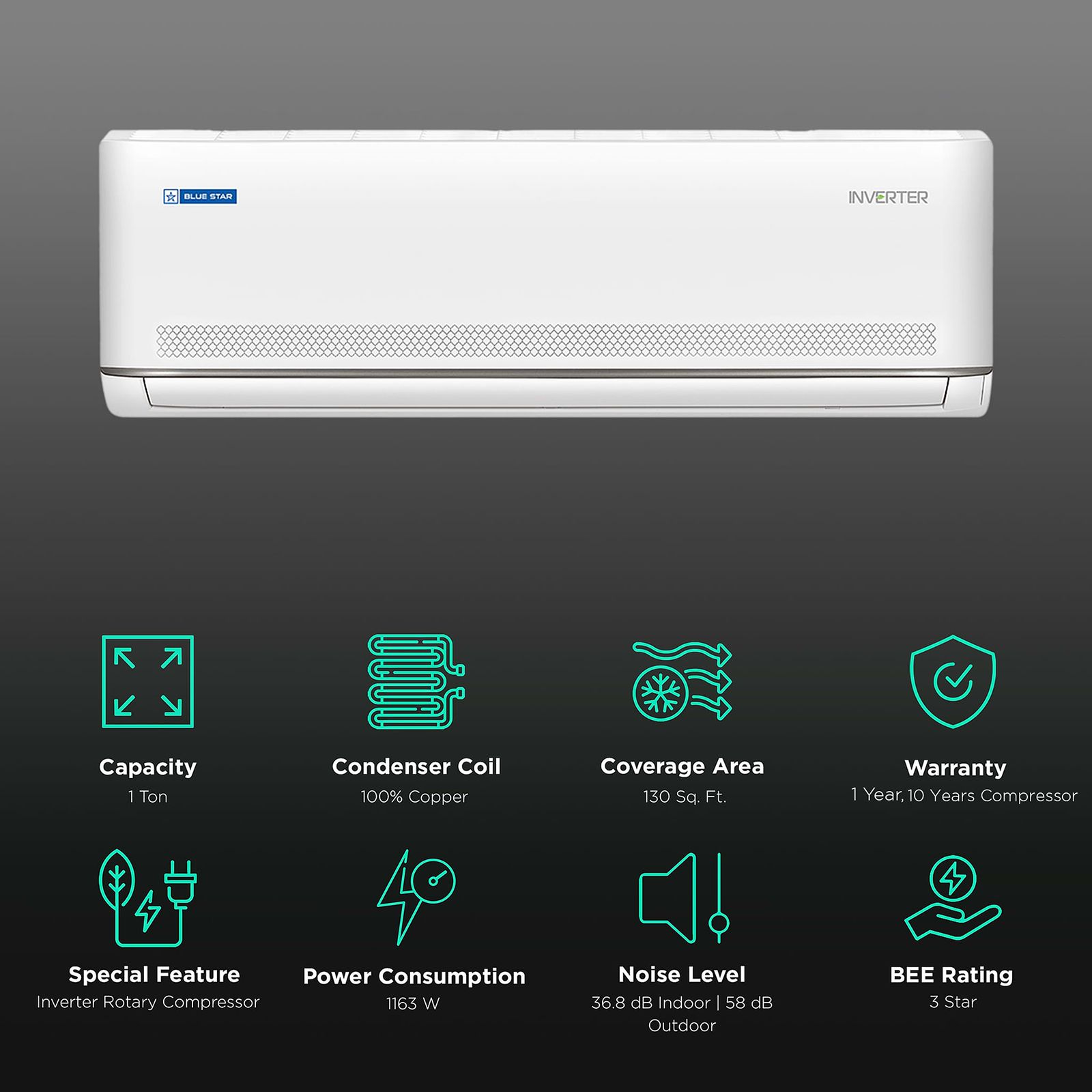 Blue Star M Series 5 in 1 Convertible 1 Ton 3 Star Inverter Split AC with Turbo Cool (Copper Condenser, IC312MNU) Blue Star M Series 5 in 1 Convertible 1 Ton 3 Star Inverter Split AC with Turbo Cool (Copper Condenser, IC312MNU)_2