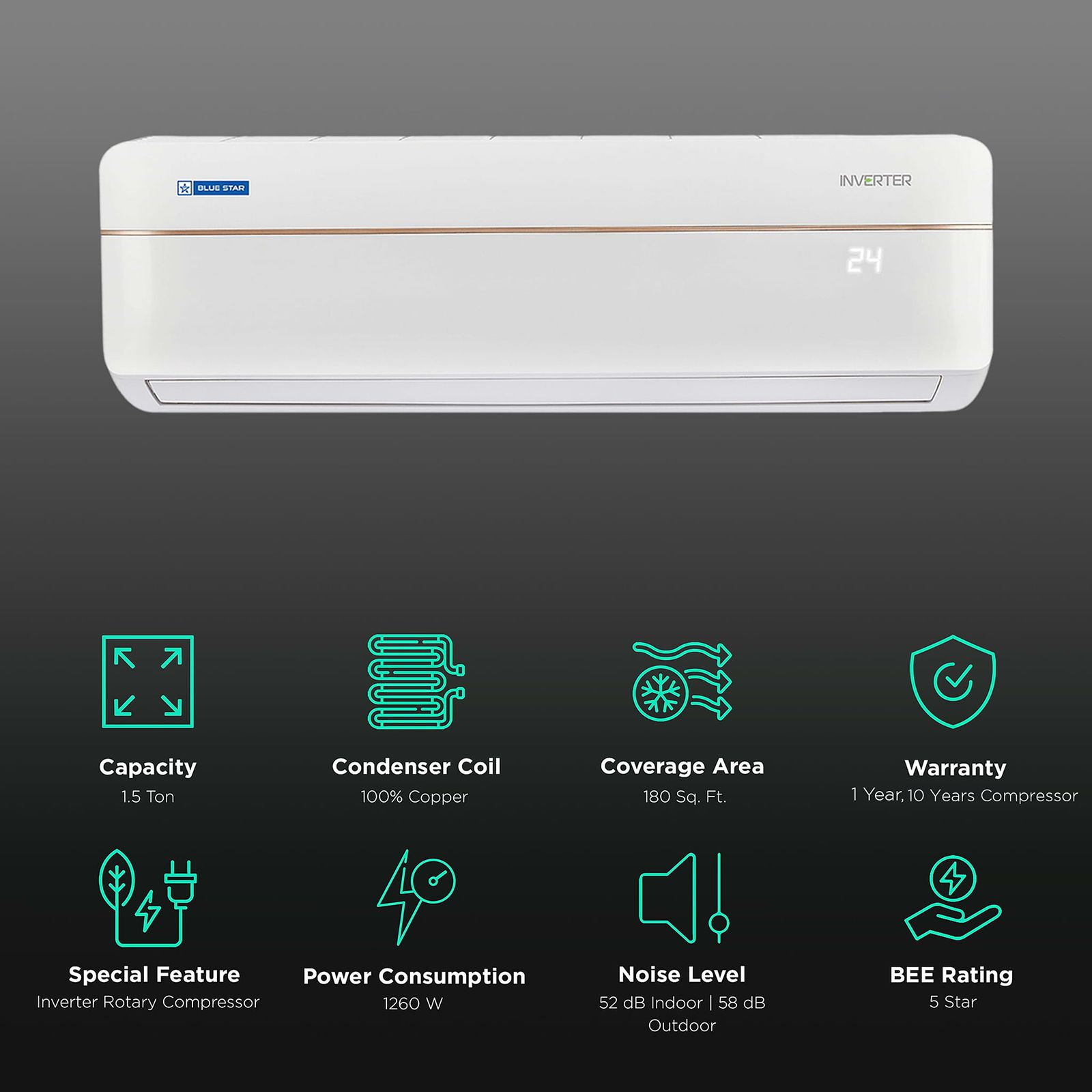 Blue Star 5 in 1 Convertible 1.5 Ton 5 Star Inverter Split AC with 4-Way Swing (Copper Condenser, IC518VNU) Blue Star 5 in 1 Convertible 1.5 Ton 5 Star Inverter Split AC with 4-Way Swing (Copper Condenser, IC518VNU)_2