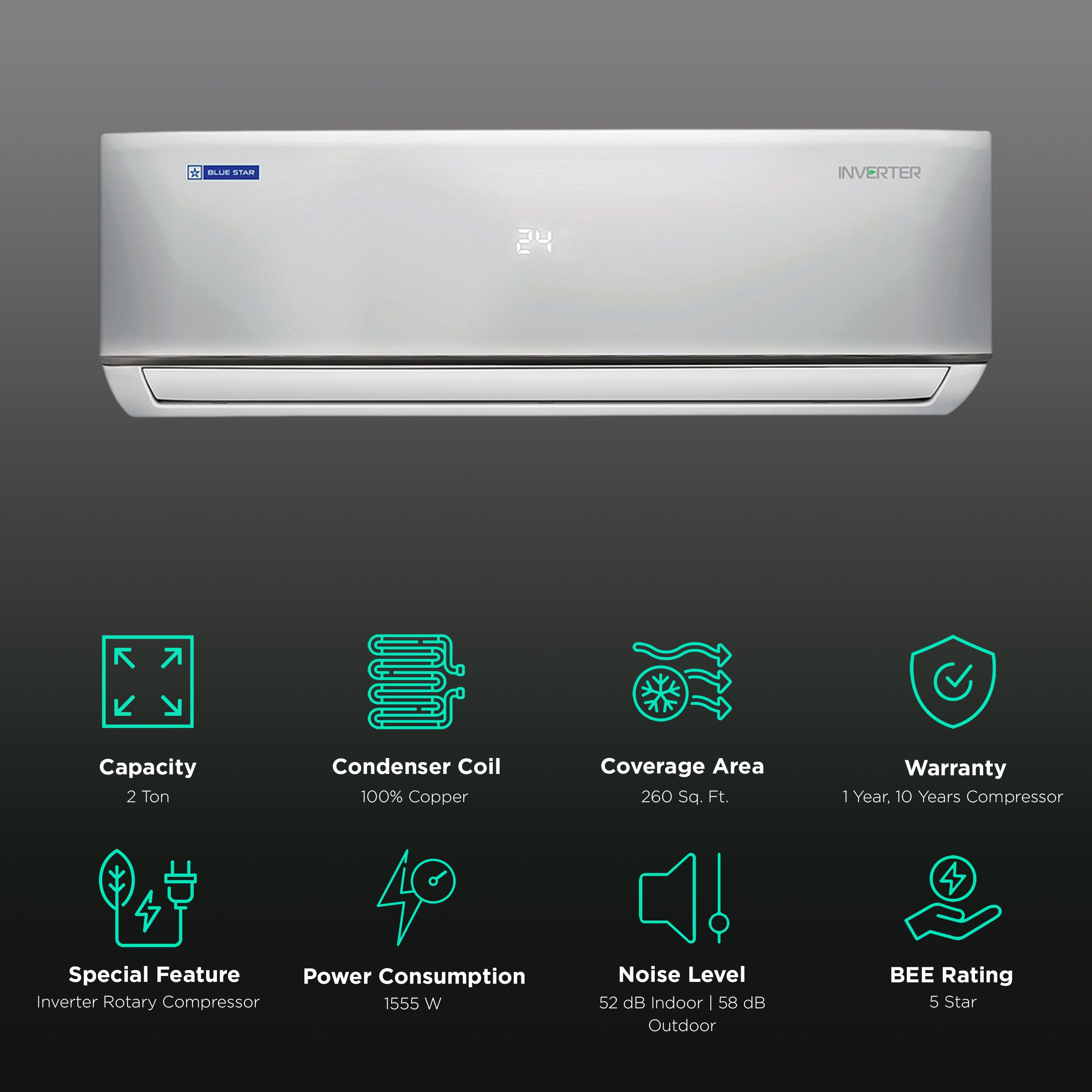 Blue Star 5 in 1 Convertible 2 Ton 5 Star Inverter Split AC with Turbo Cool Technology (Copper Condenser, IC524DNU) Blue Star 5 in 1 Convertible 2 Ton 5 Star Inverter Split AC with Turbo Cool Technology (Copper Condenser, IC524DNU)_2