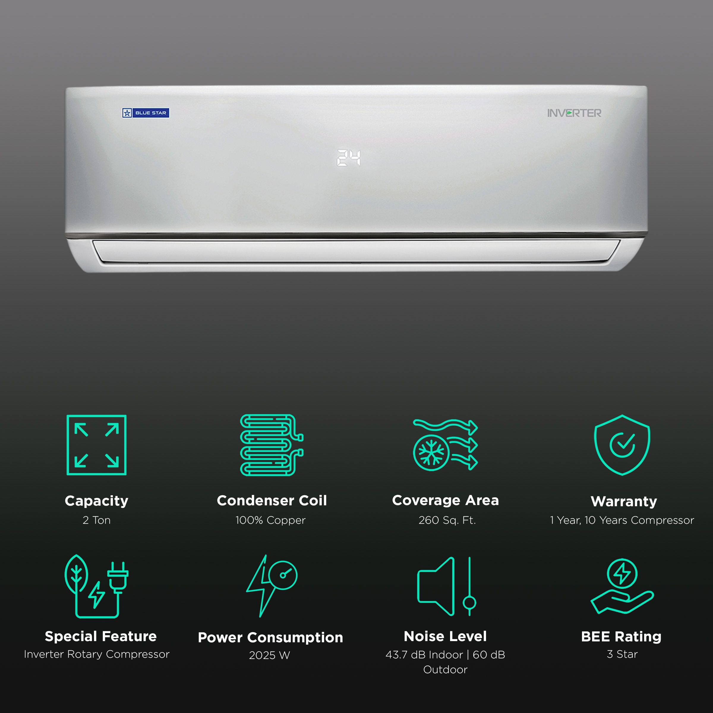 Blue Star 5 in 1 Convertible 2 Ton 3 Star Inverter Split AC with Self Diagnosis ( Copper Condenser, IC324DNU) Blue Star 5 in 1 Convertible 2 Ton 3 Star Inverter Split AC with Self Diagnosis ( Copper Condenser, IC324DNU)_2