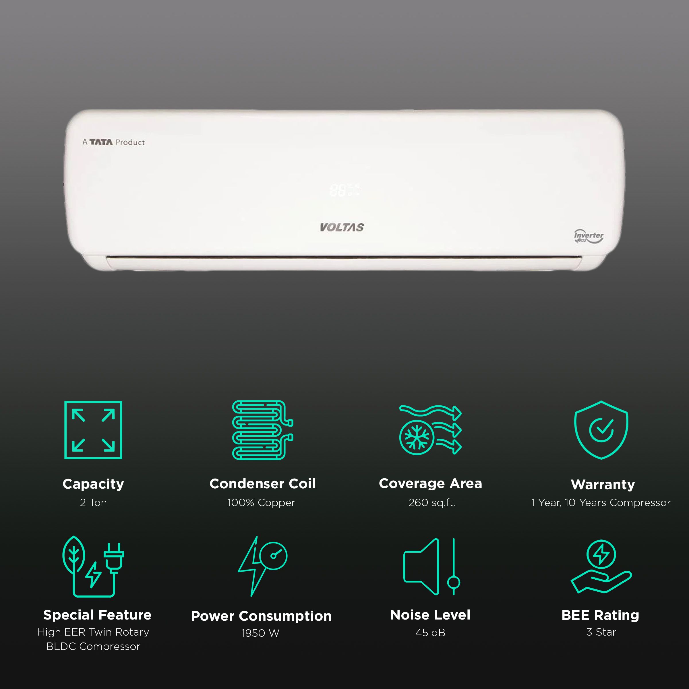 VOLTAS 243VH Vertis Elegant 2 Ton 3 Star Inverter Split AC (Copper Condenser, Dust and Anti-Bacterial Filter) VOLTAS 243VH Vertis Elegant 2 Ton 3 Star Inverter Split AC (Copper Condenser, Dust and Anti-Bacterial Filter)_2