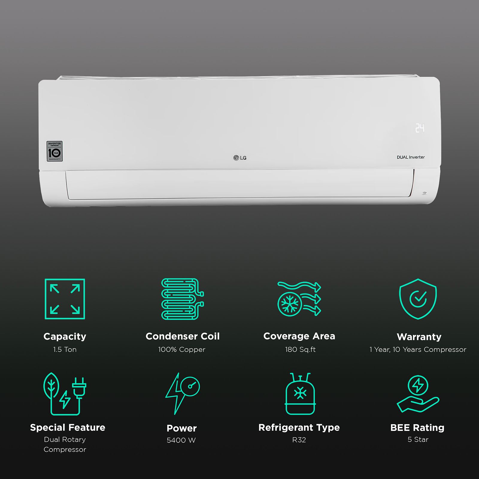 LG 6 in 1 Convertible 1.5 Ton 5 Star Dual Inverter Split AC with 4 Way Swing (Copper Condenser, RS-Q19KNZE) LG 6 in 1 Convertible 1.5 Ton 5 Star Dual Inverter Split AC with 4 Way Swing (Copper Condenser, RS-Q19KNZE)_2
