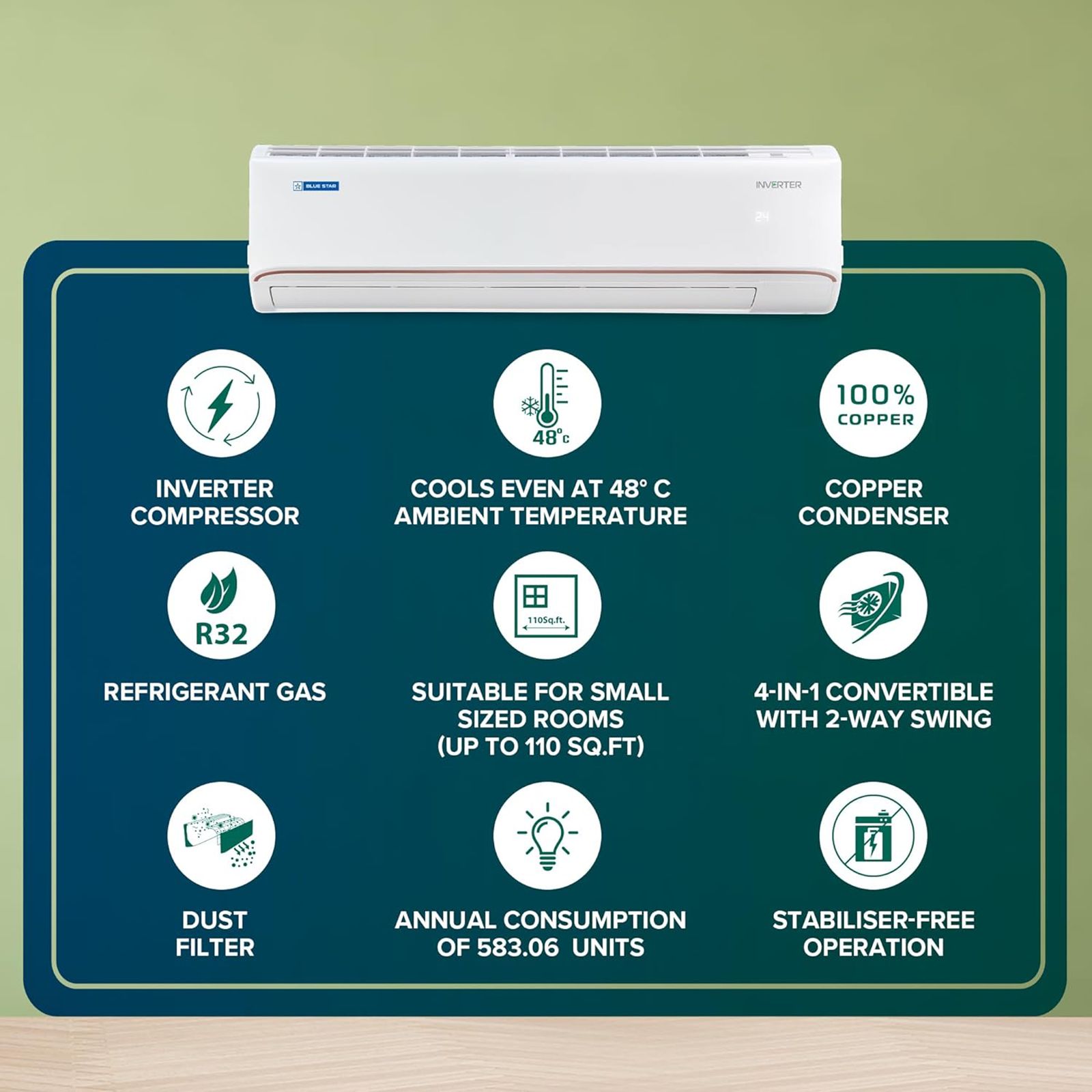Blue Star FNU 4 in 1 Convertible 1 Ton 4 Star Inverter Split AC with Dust Filter (Copper Condenser, IA412FNU) Blue Star FNU 4 in 1 Convertible 1 Ton 4 Star Inverter Split AC with Dust Filter (Copper Condenser, IA412FNU)_10